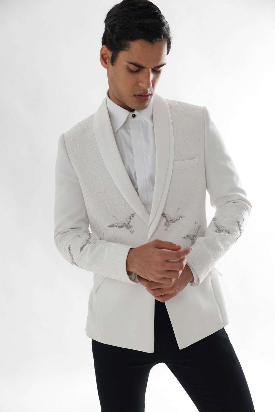 Machine Embroidered Tuxedo Highlighted With Silver Katdana