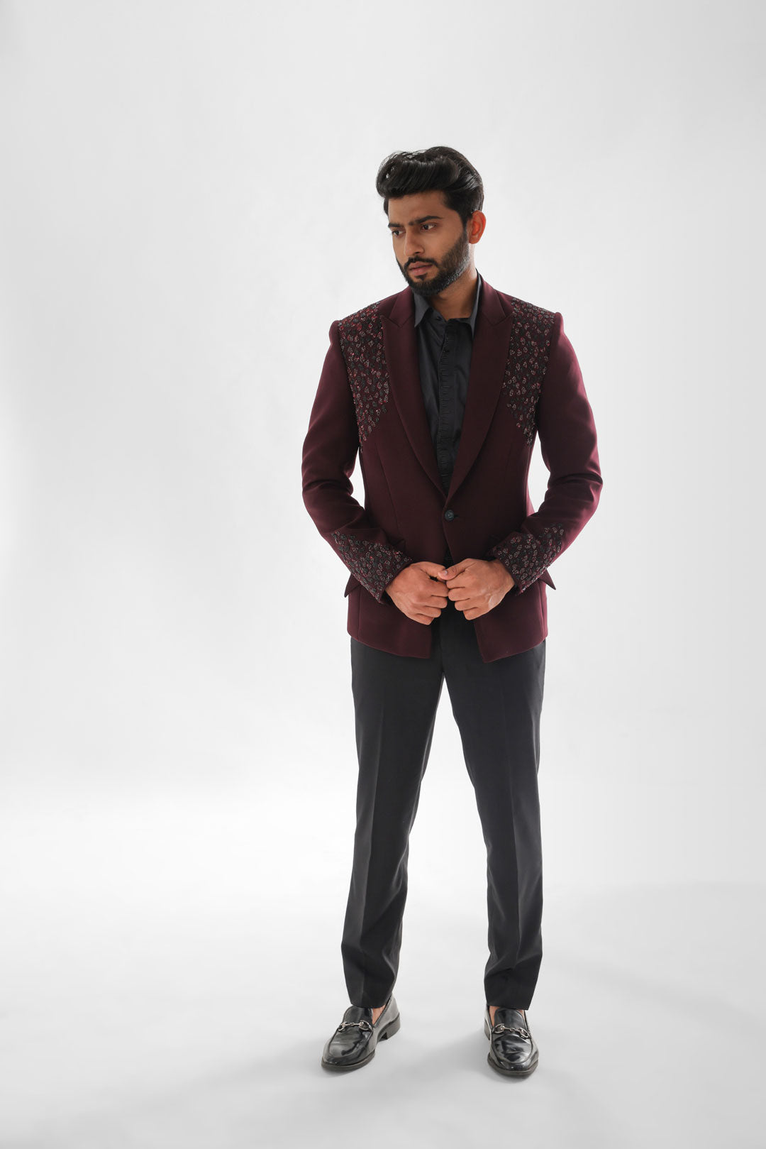 Red Wine Tuxedo Set Embroidered With Katdana