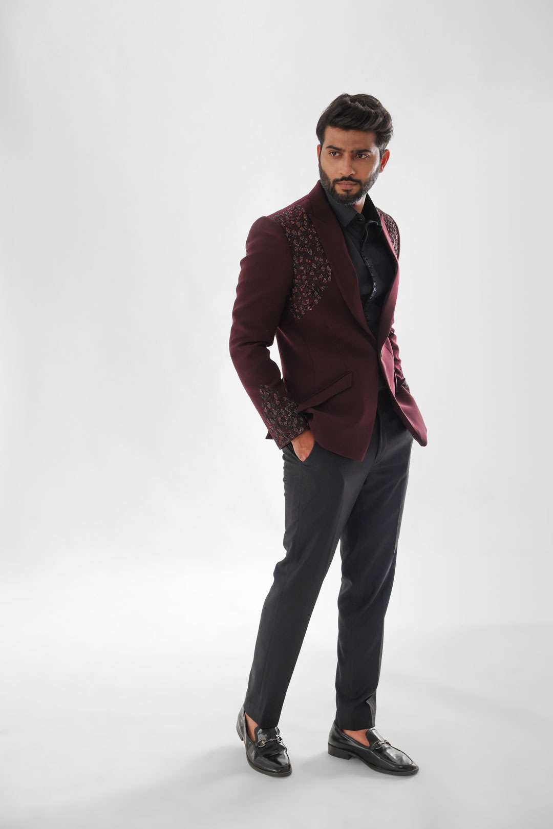 Red Wine Tuxedo Set Embroidered With Katdana