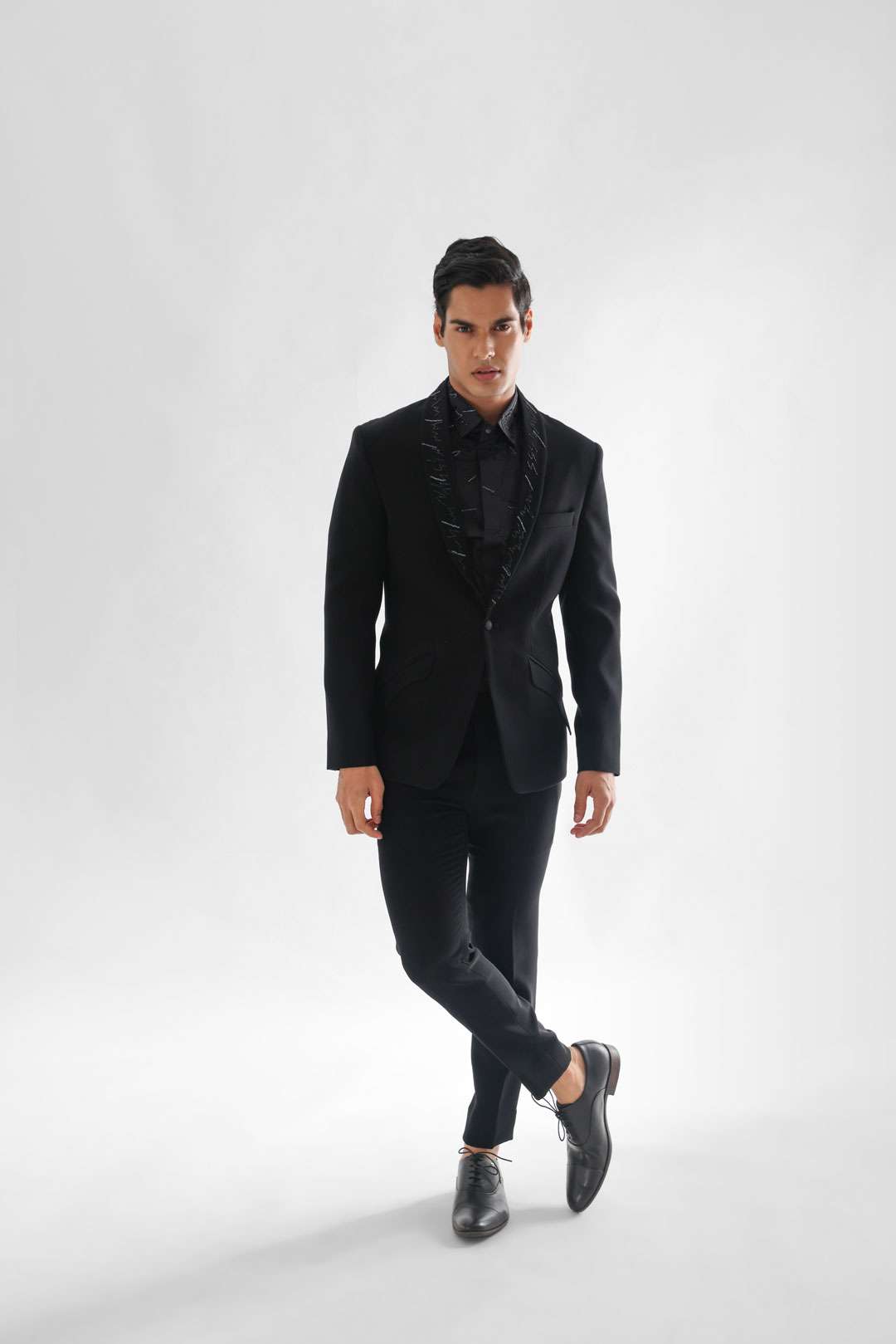Jet Black Tuxedo Set With Contemporary Embroidery