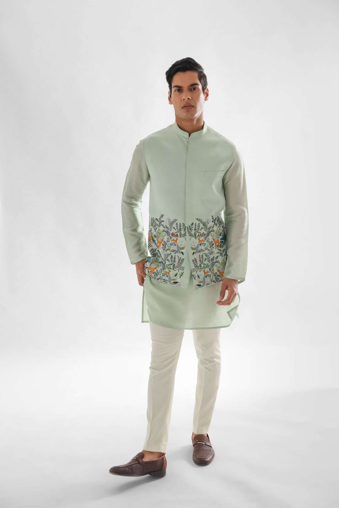 Jungle Powder Green Nehru Jacket Embroidery