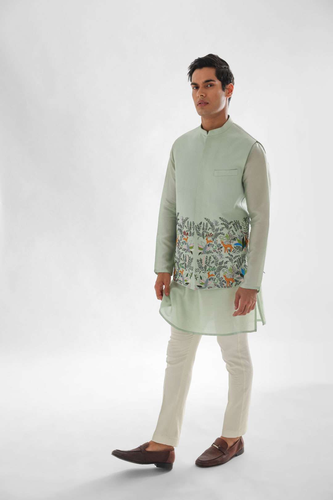 Jungle Powder Green Nehru Jacket Embroidery