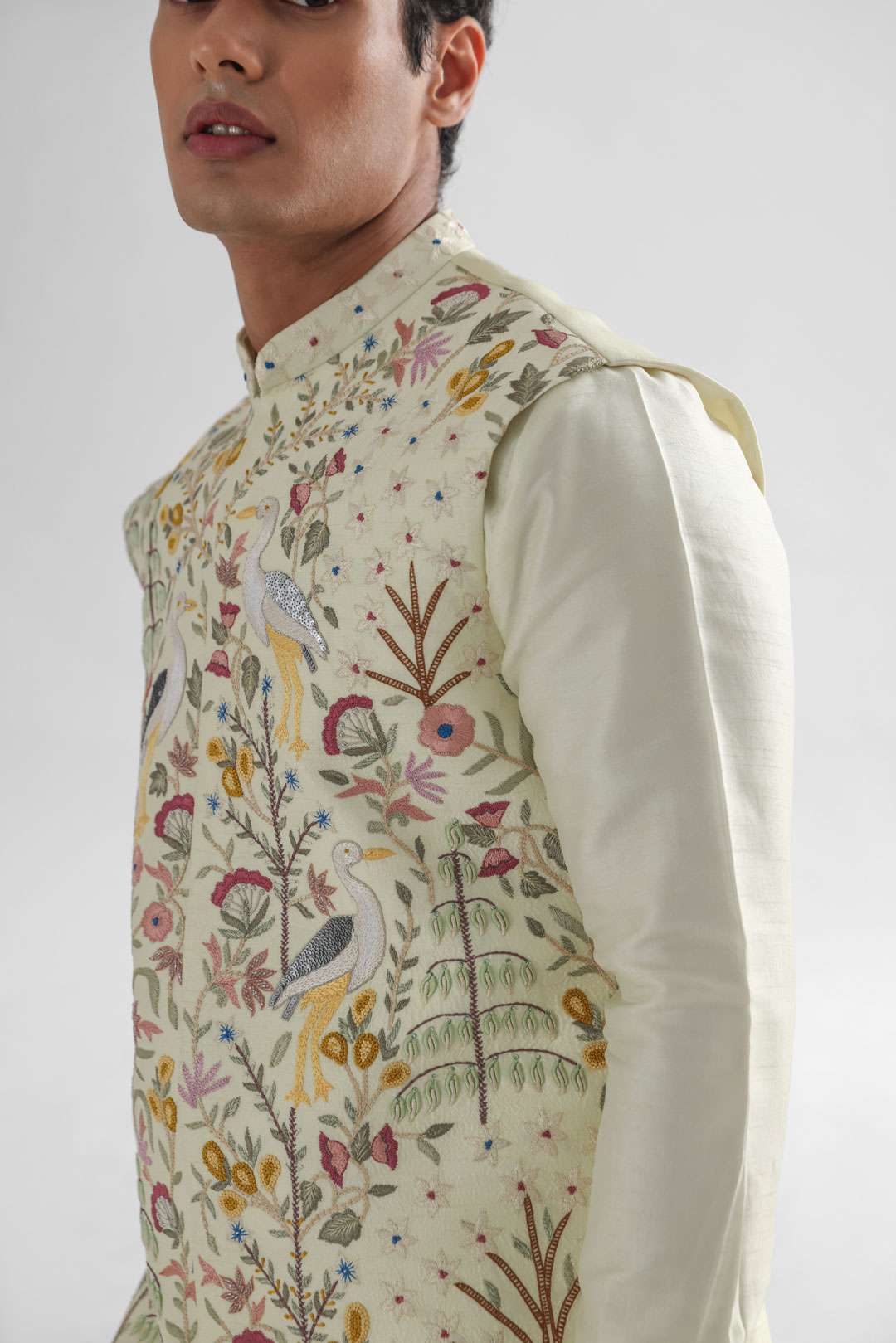 Hawk Light Yellow Nehru Jacket Embroidered