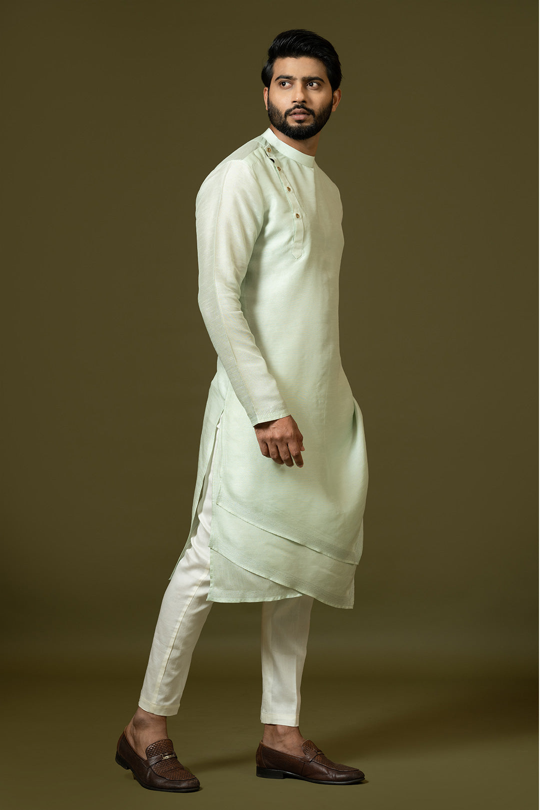 Mint green tripple layer angrakha kurta in Bam Silk Kurta se