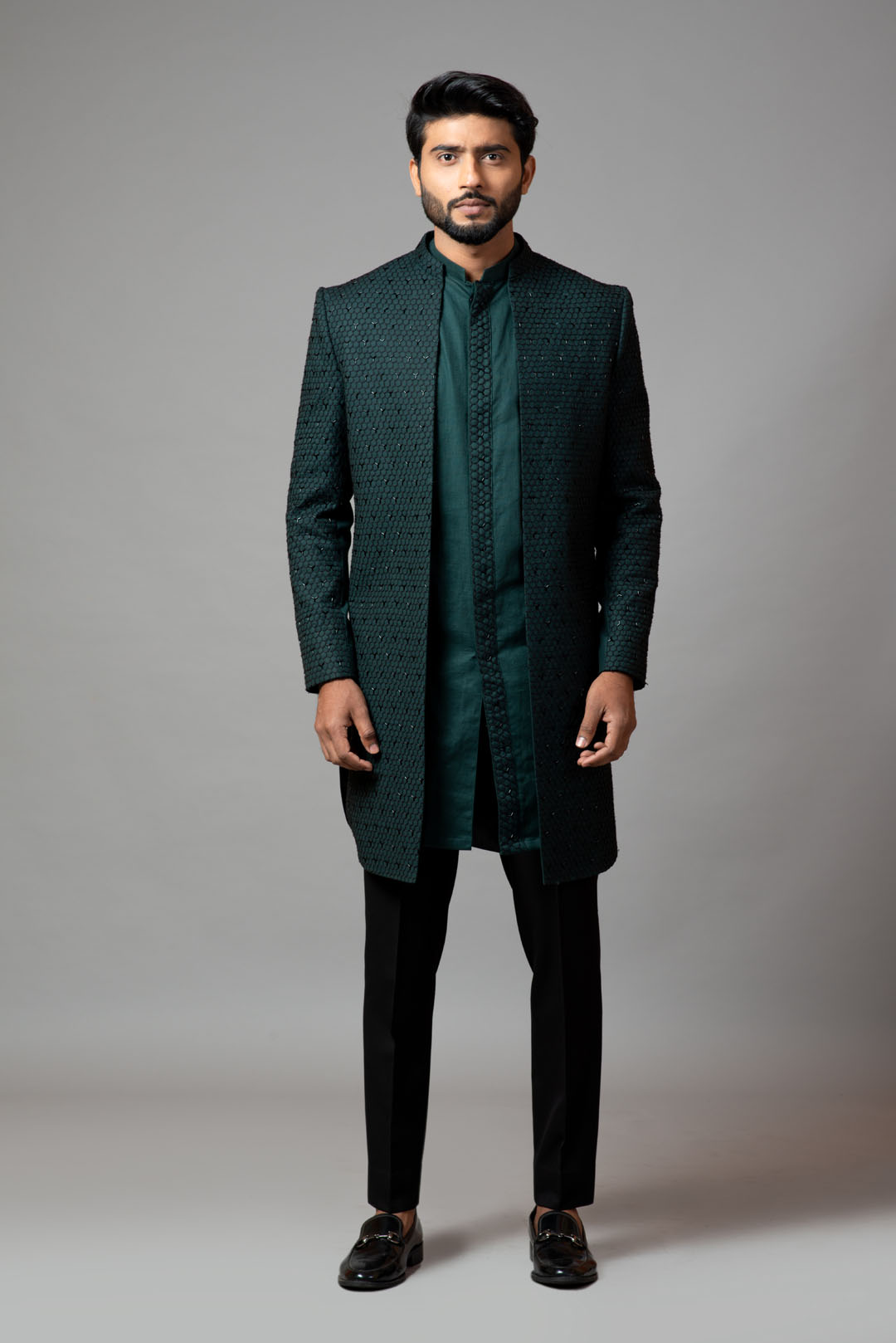 Straight cut fully embroidered achkan with kurta and trousers