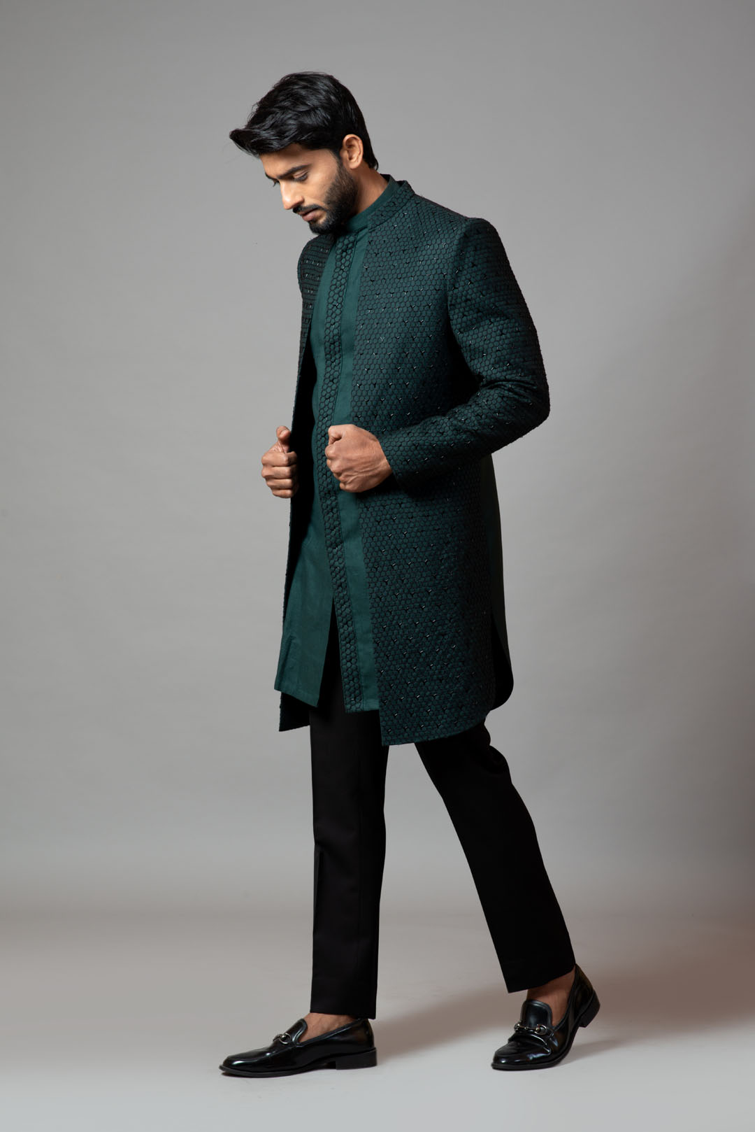 Straight cut fully embroidered achkan with kurta and trousers