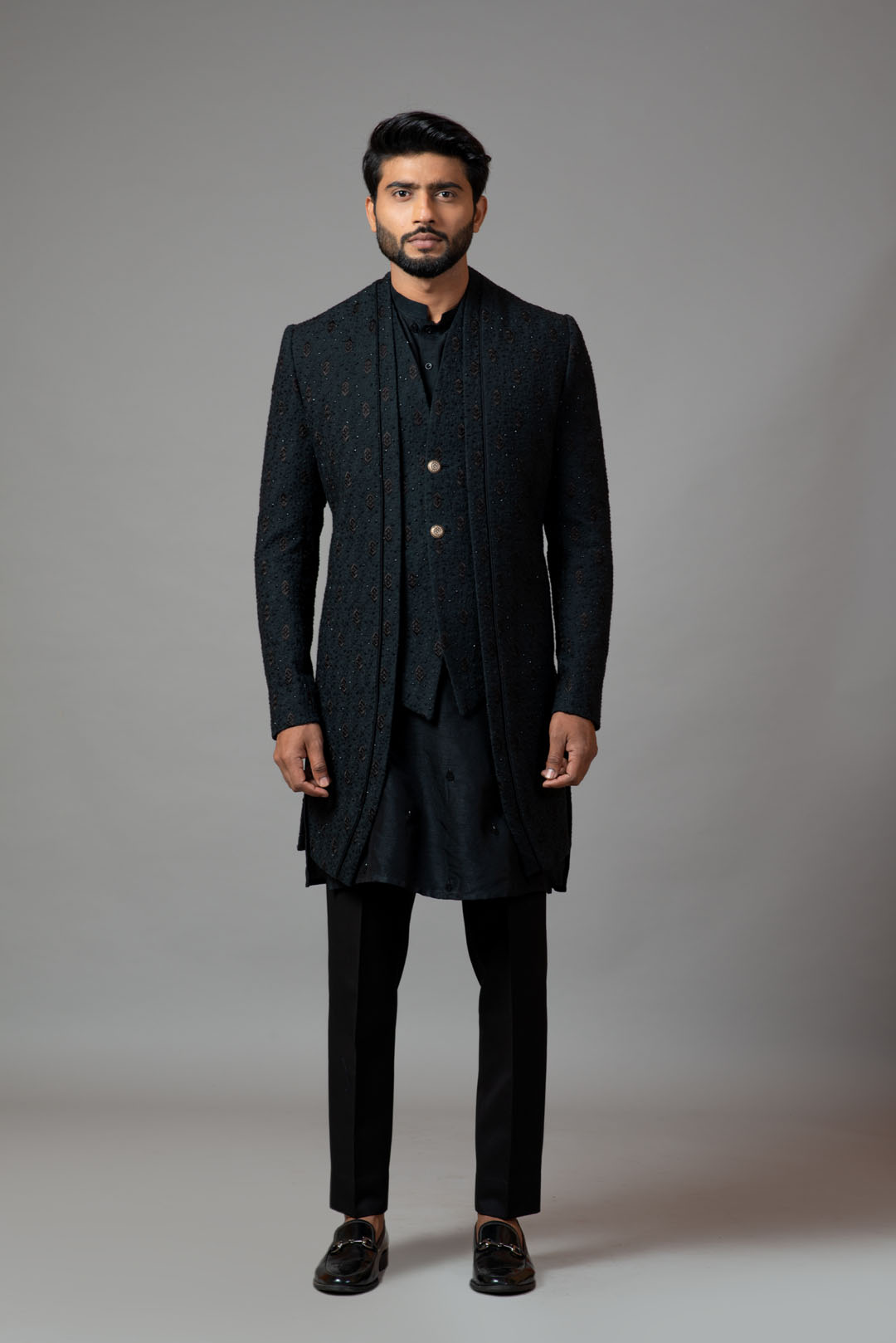 Double Panel Achkan with Cheetah Katdana & Bullion Leaf Kurta Set ...
