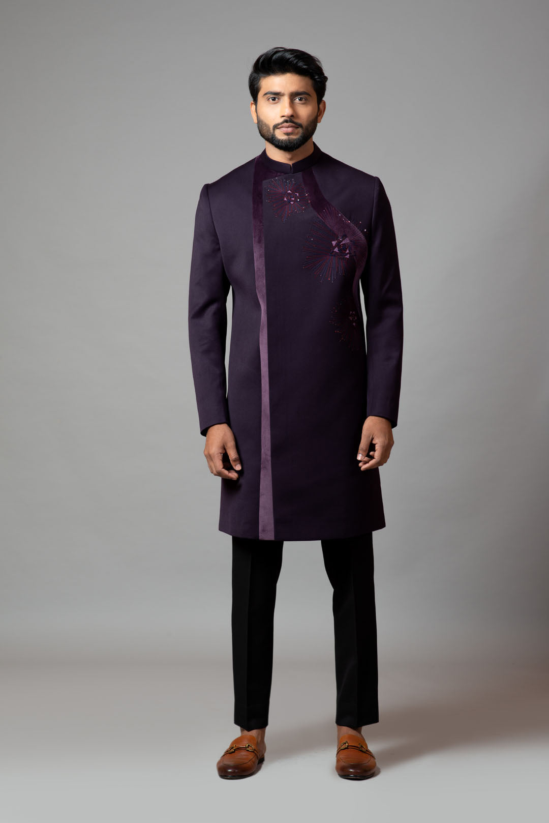 Achkan with velvet detailing and rose embroidery