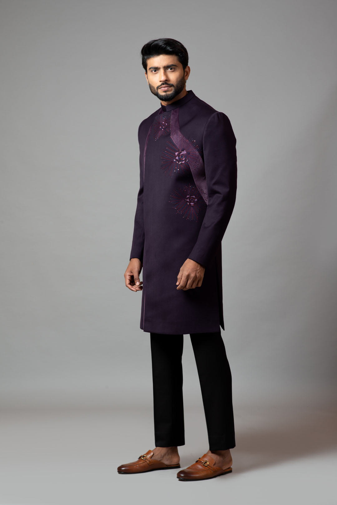 Achkan with velvet detailing and rose embroidery