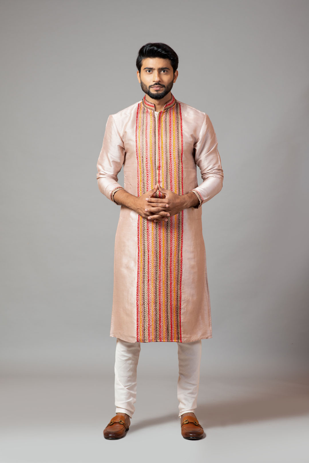 Multicolour thread stitch-lines kurta set