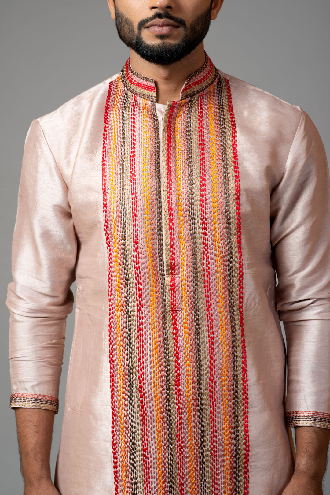 Multicolour thread stitch-lines kurta set