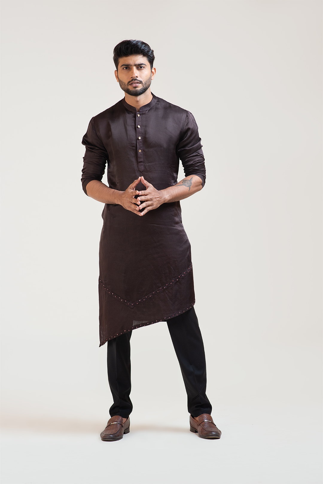 Coco Brown A-Symmetric Embroidered kurta Set