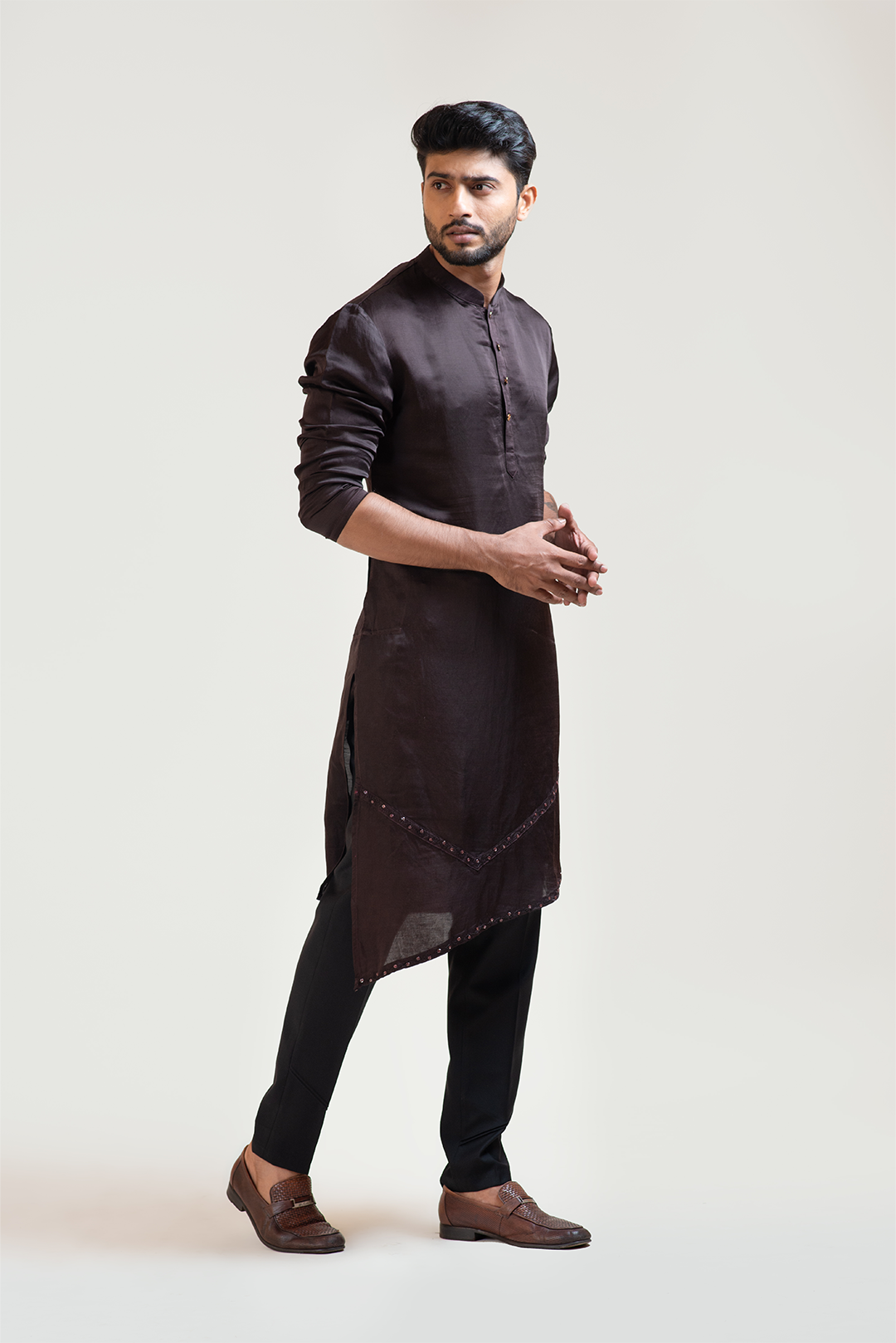 Coco Brown A-Symmetric Embroidered kurta Set