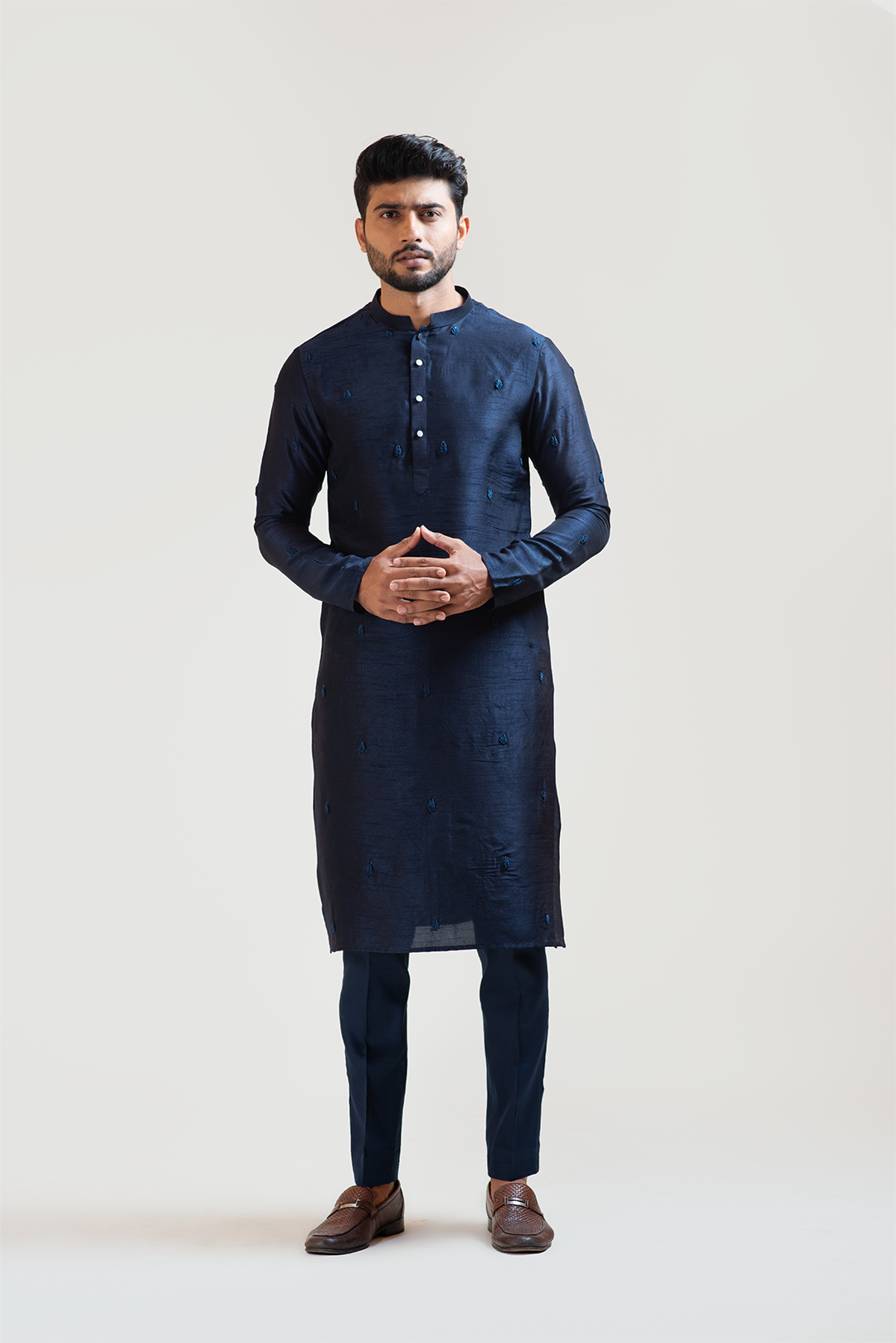 Navy Blue Bullion Leaf Embroidered Kurta Set