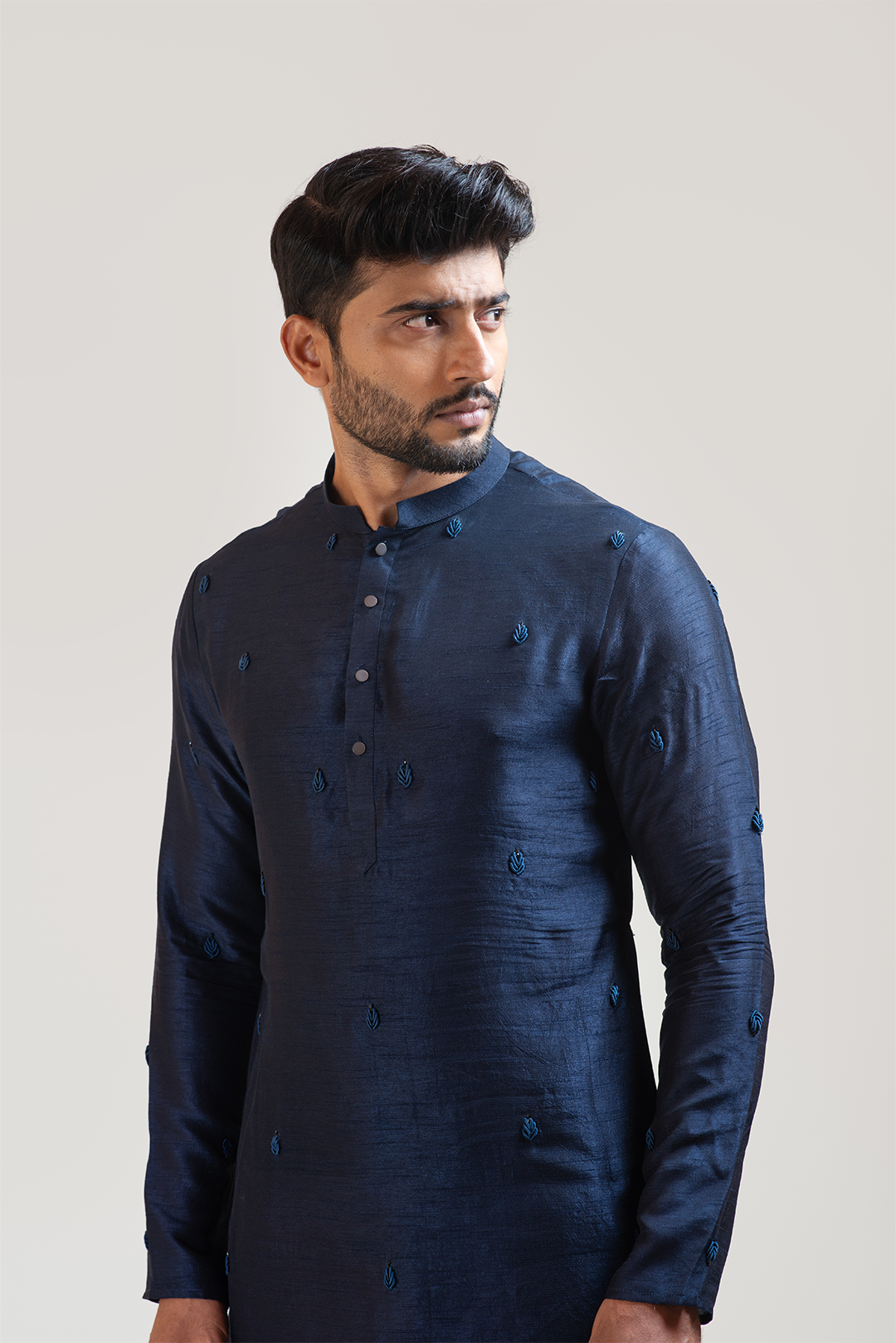 Navy Blue Bullion Leaf Embroidered Kurta Set