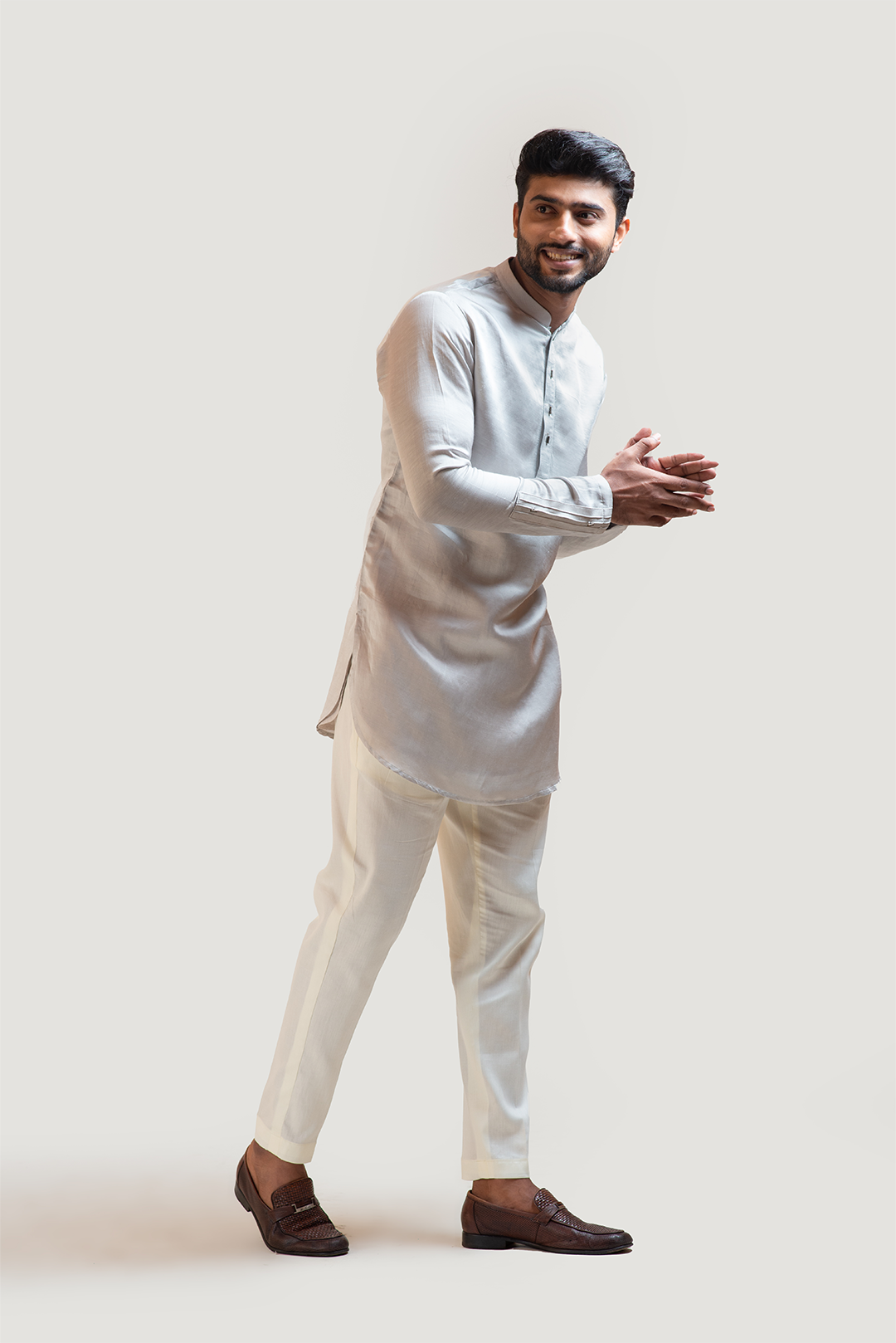 Grey Short Kurta with Pintucks Detailing Set