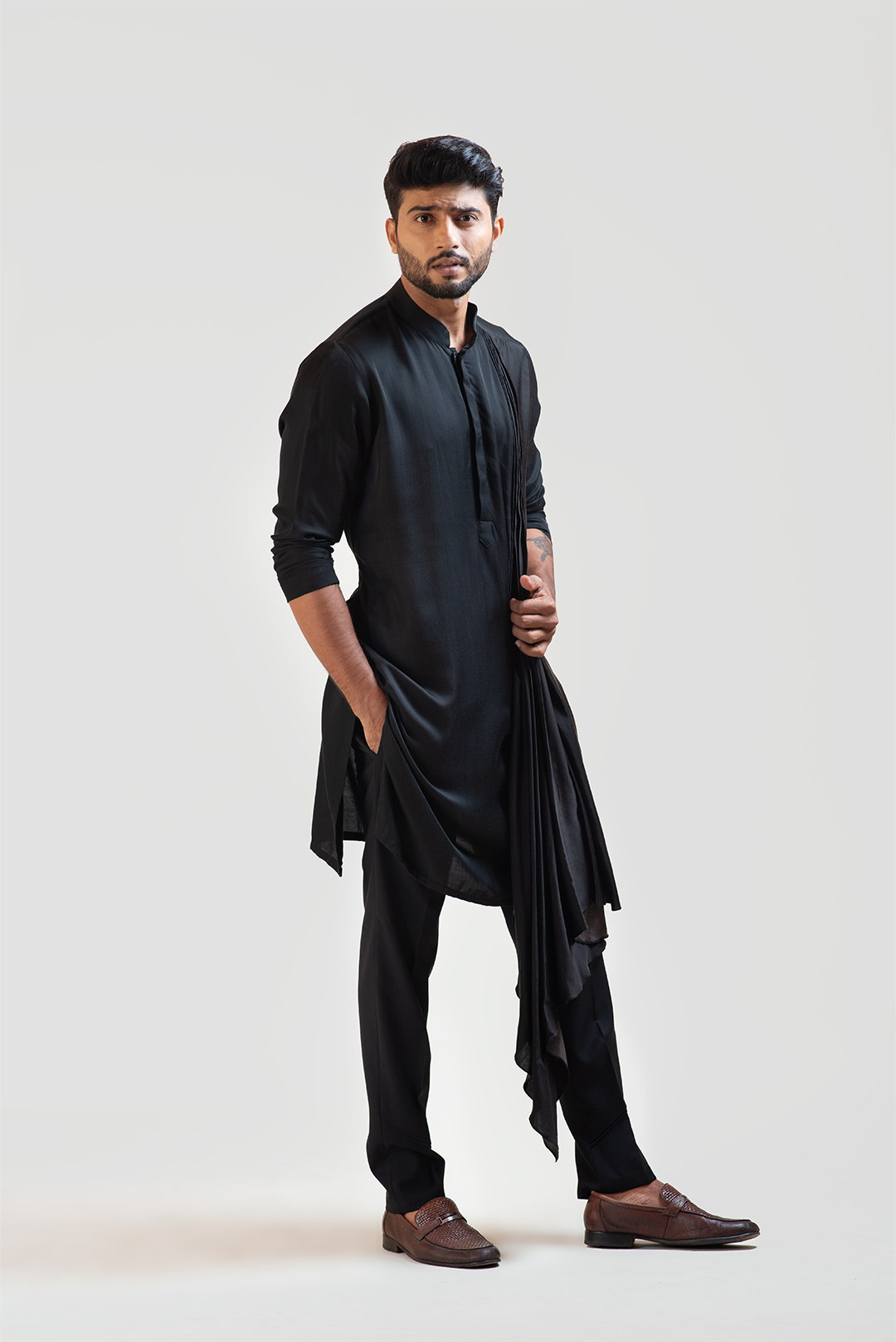 Black Long Drape Kurta Set