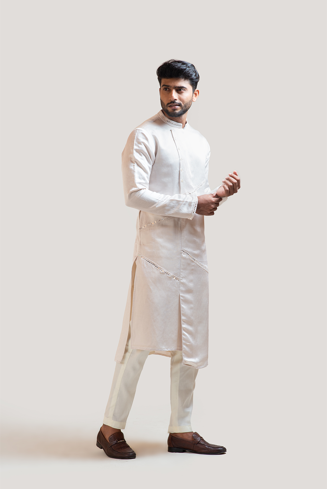 Cream A-Symmetric Mirrorwork Kurta Set