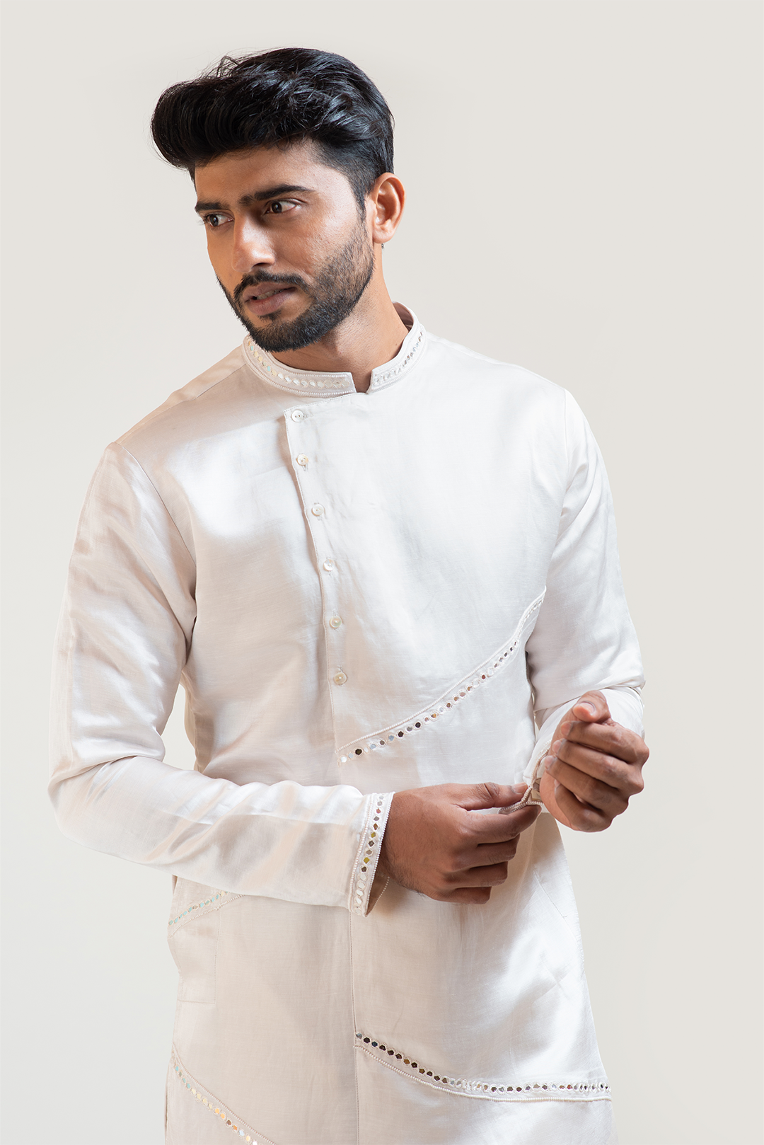 Cream A-Symmetric Mirrorwork Kurta Set