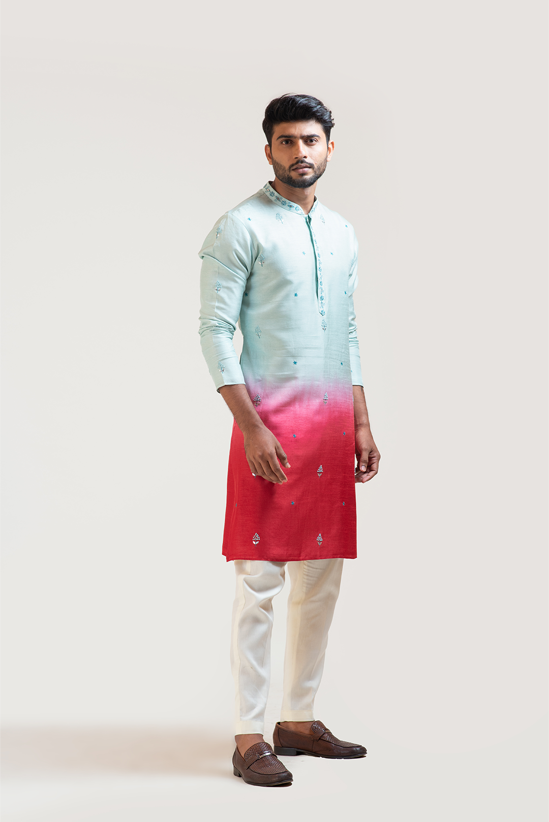 Blue to Red Ombre Floral Embroidered kurta Set