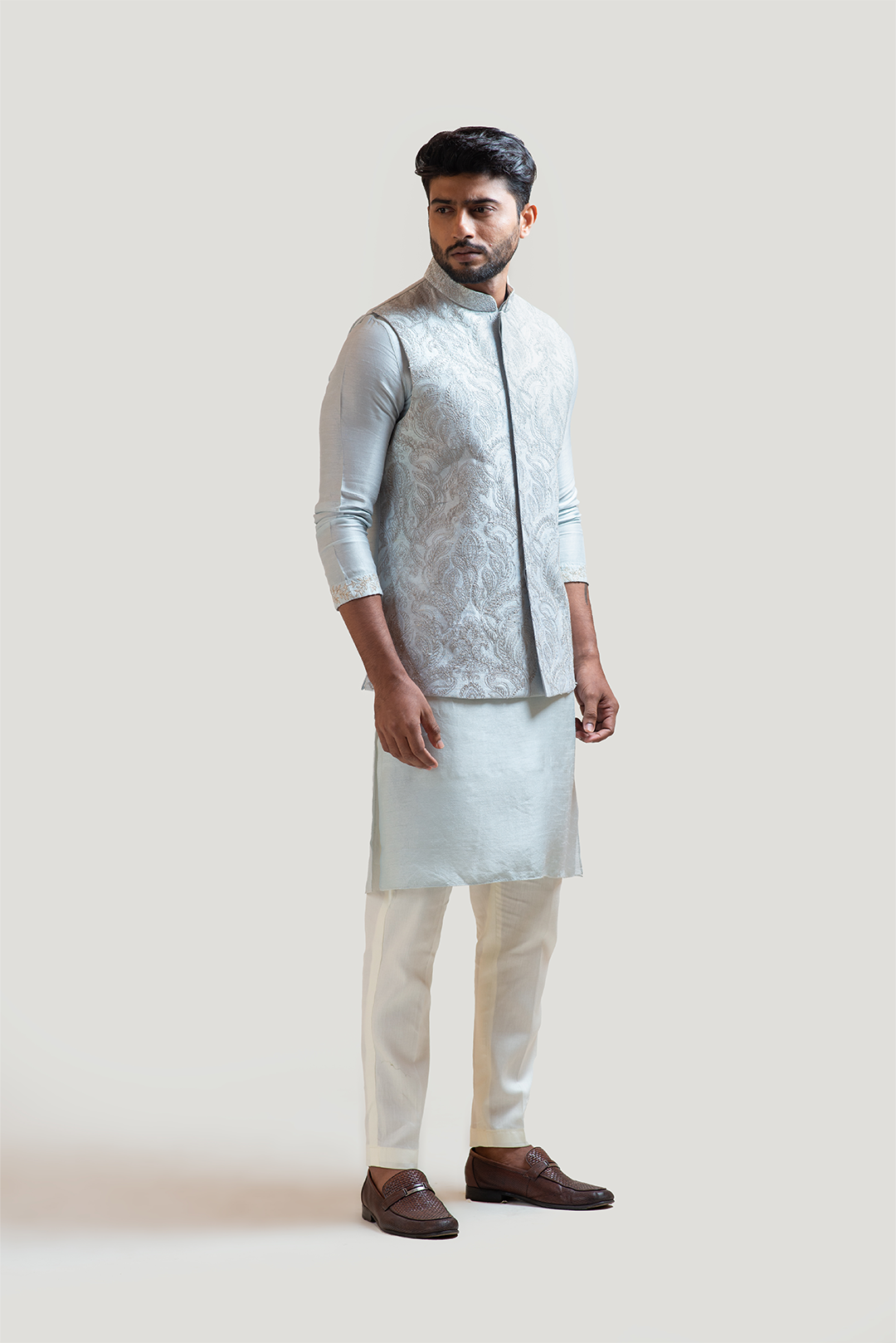 Iceblue silver zariwork Nehru with Ice Blue Straight embroidered Kurta