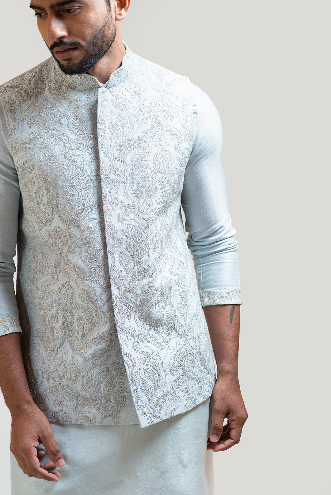 Iceblue silver zariwork Nehru with Ice Blue Straight embroidered Kurta