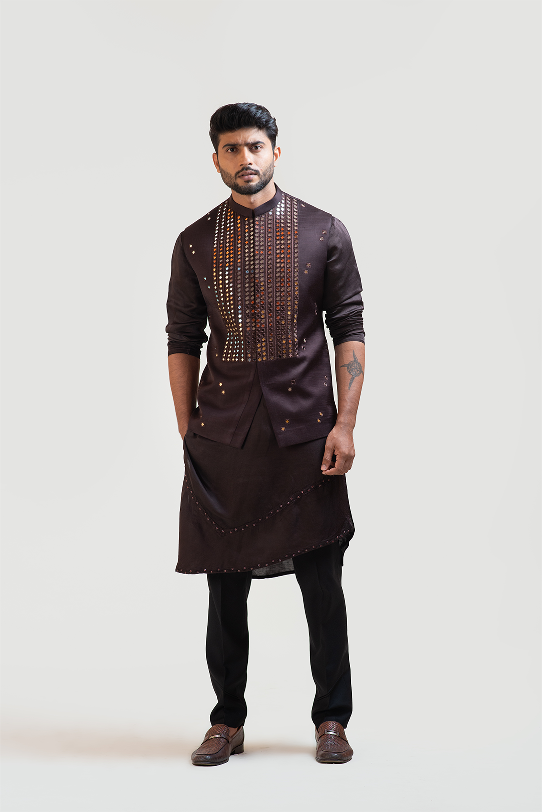 Coco Brown Mirrorwork Nehru with Coco Brown A-Symmetric Embroidered Kurta Set RTS