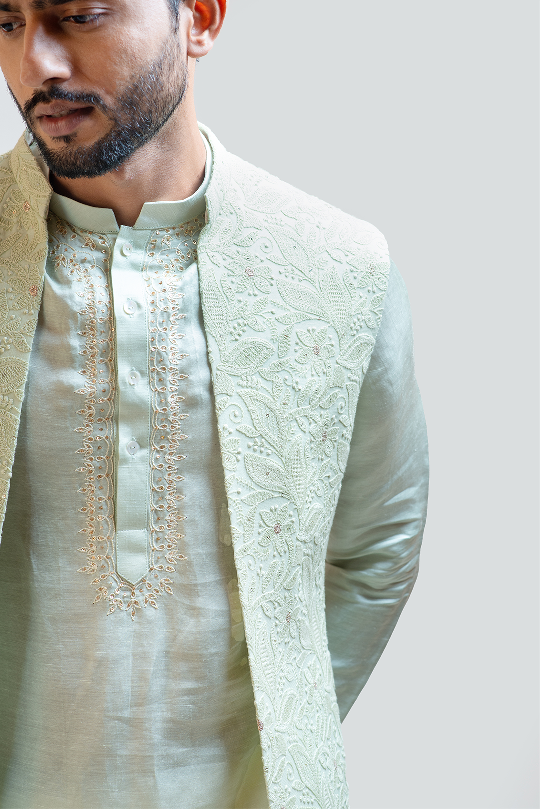 Long Mint Green Chikankari Nehru