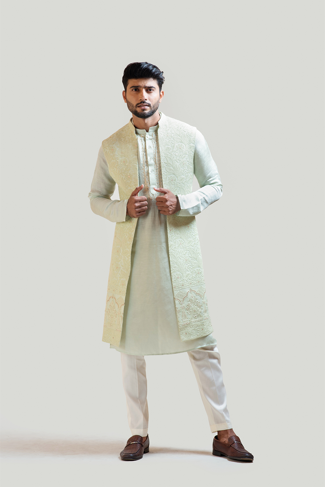 Long mint green chikankari Nehru with Mint Green Embroidered kurta Set