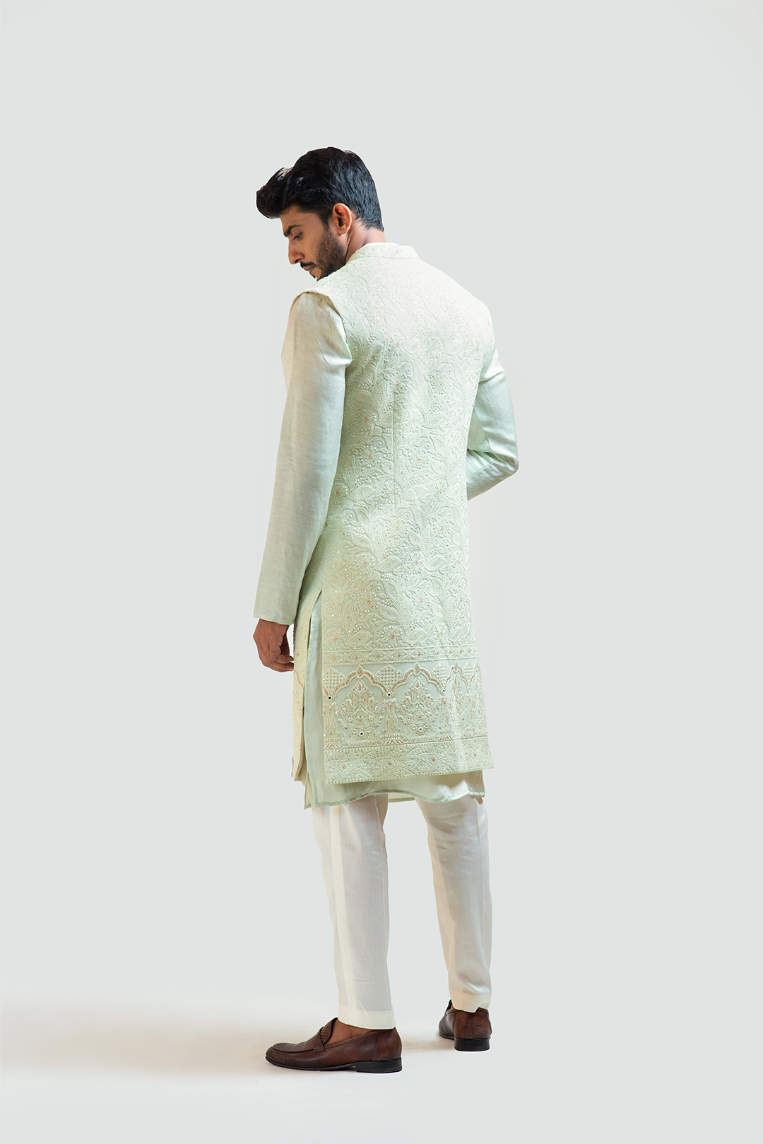 Long mint green chikankari Nehru with Mint Green Embroidered kurta Set