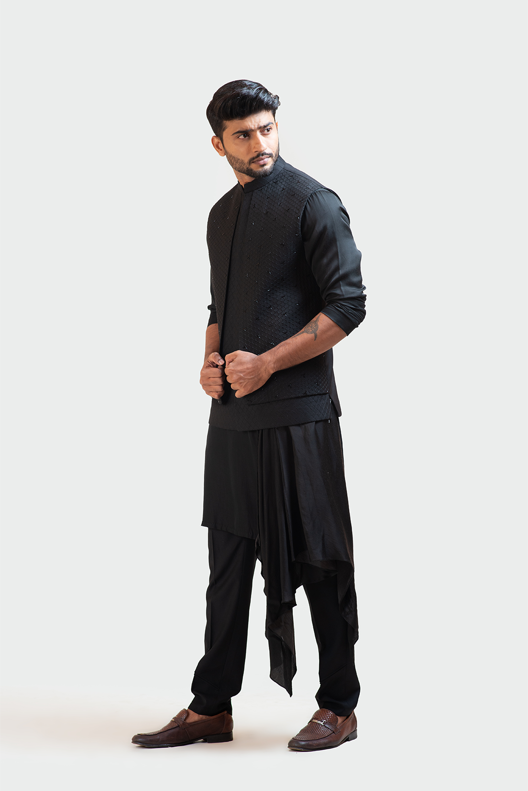 Black Honeycomb Embroidered Double Panel Nehru with Black Long Drape Kurta Set