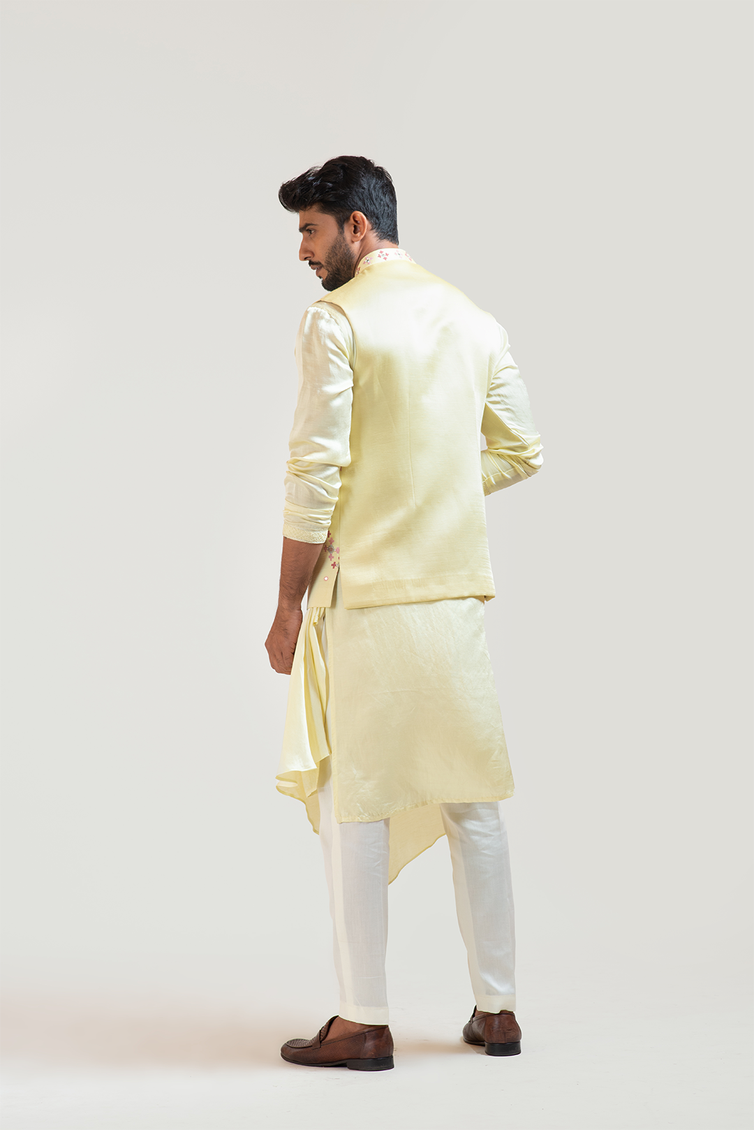 Yellow Gujrati work Nehru with Yellow Overlapping Drape Kurta Set