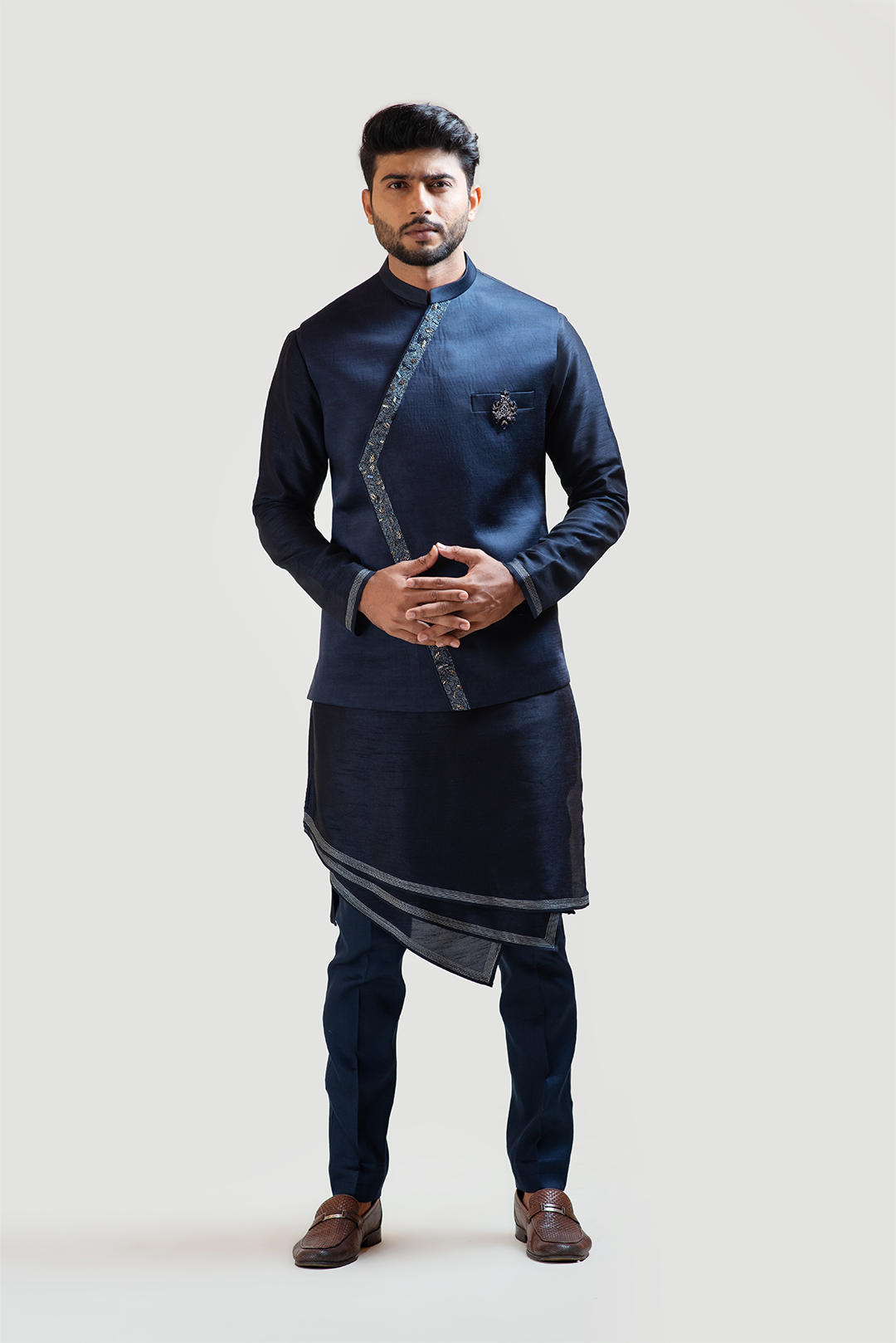 Blue Overlapping Embroidered Nehru