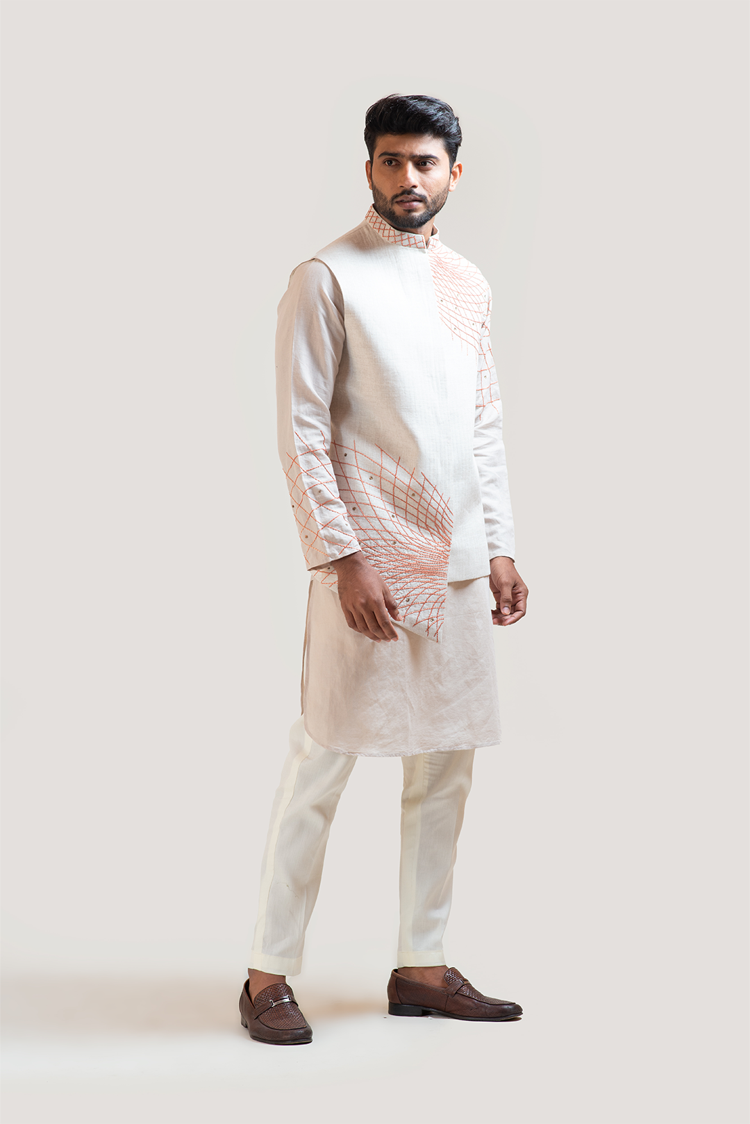 Grey A-Symmetric Nehru with Grey Circular embroidery kurta Set