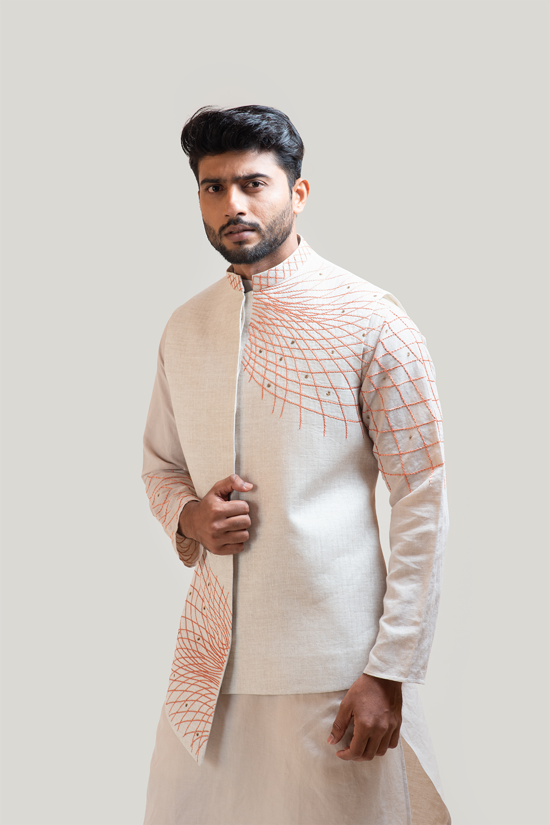 Grey A-Symmetric Nehru with Grey Circular embroidery kurta Set