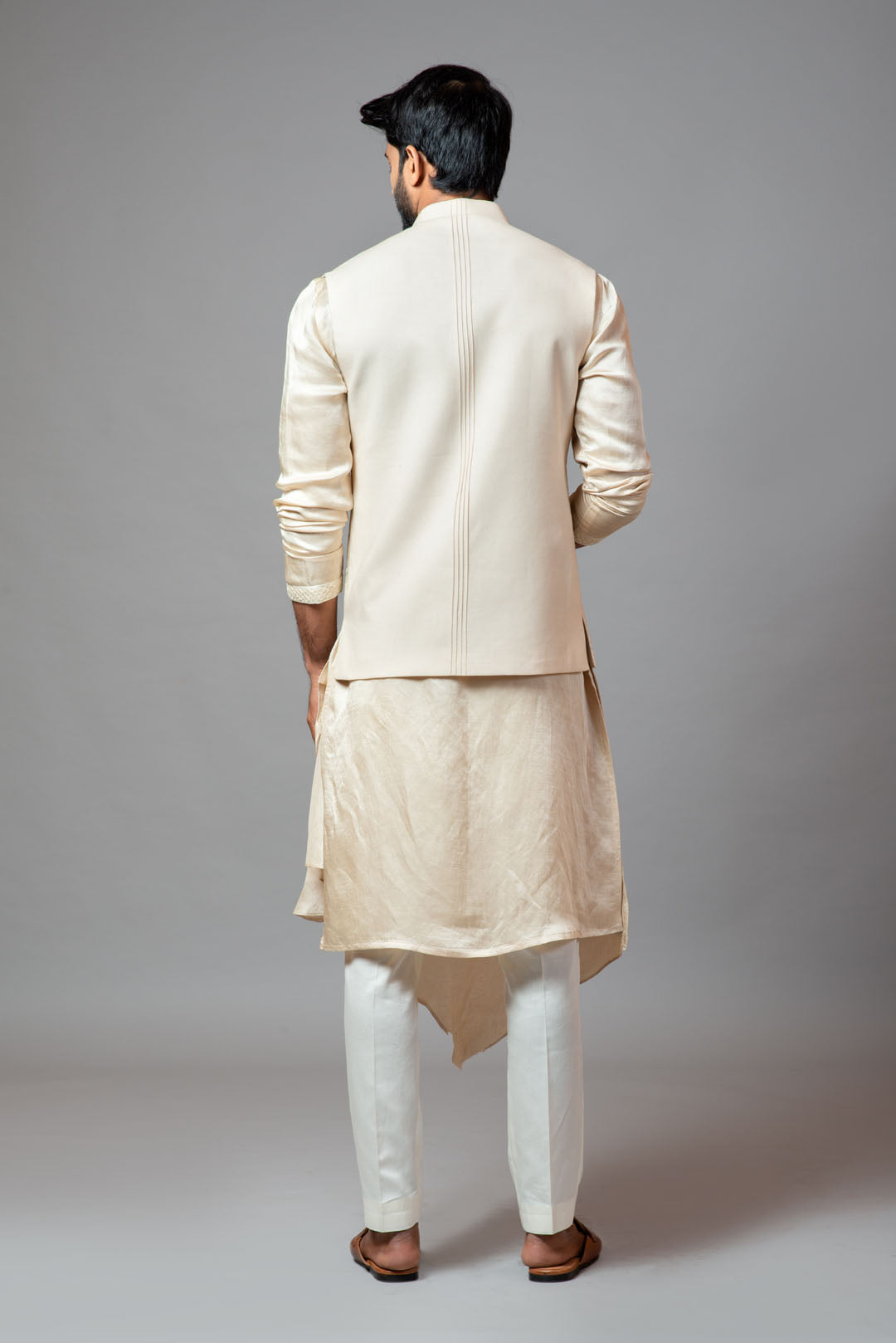 Cream Kora fully embroidered nehru paired with drape kurta and pant pajama