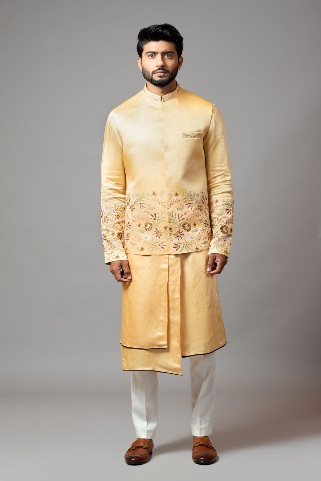 Mustard Nehru jacket Mustard Assymetric double panel kurta with embroidered sleeve and pant pajama