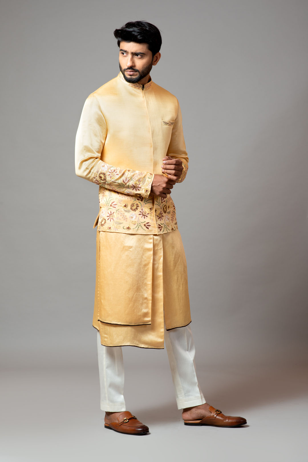 Mustard Nehru jacket highlighted with placement floral embroidery