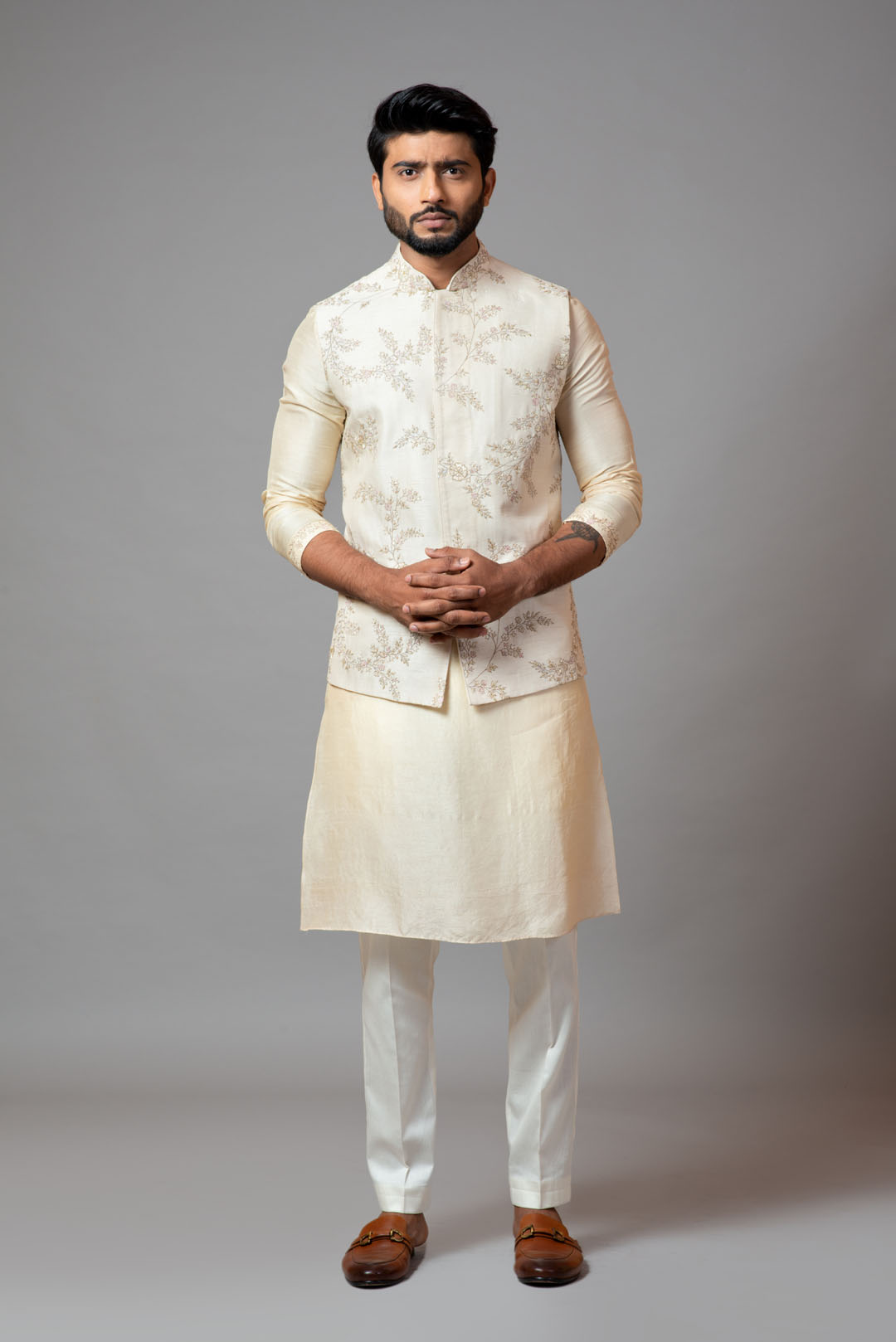 Off white Nehru jacket with delicate jaal embroidery