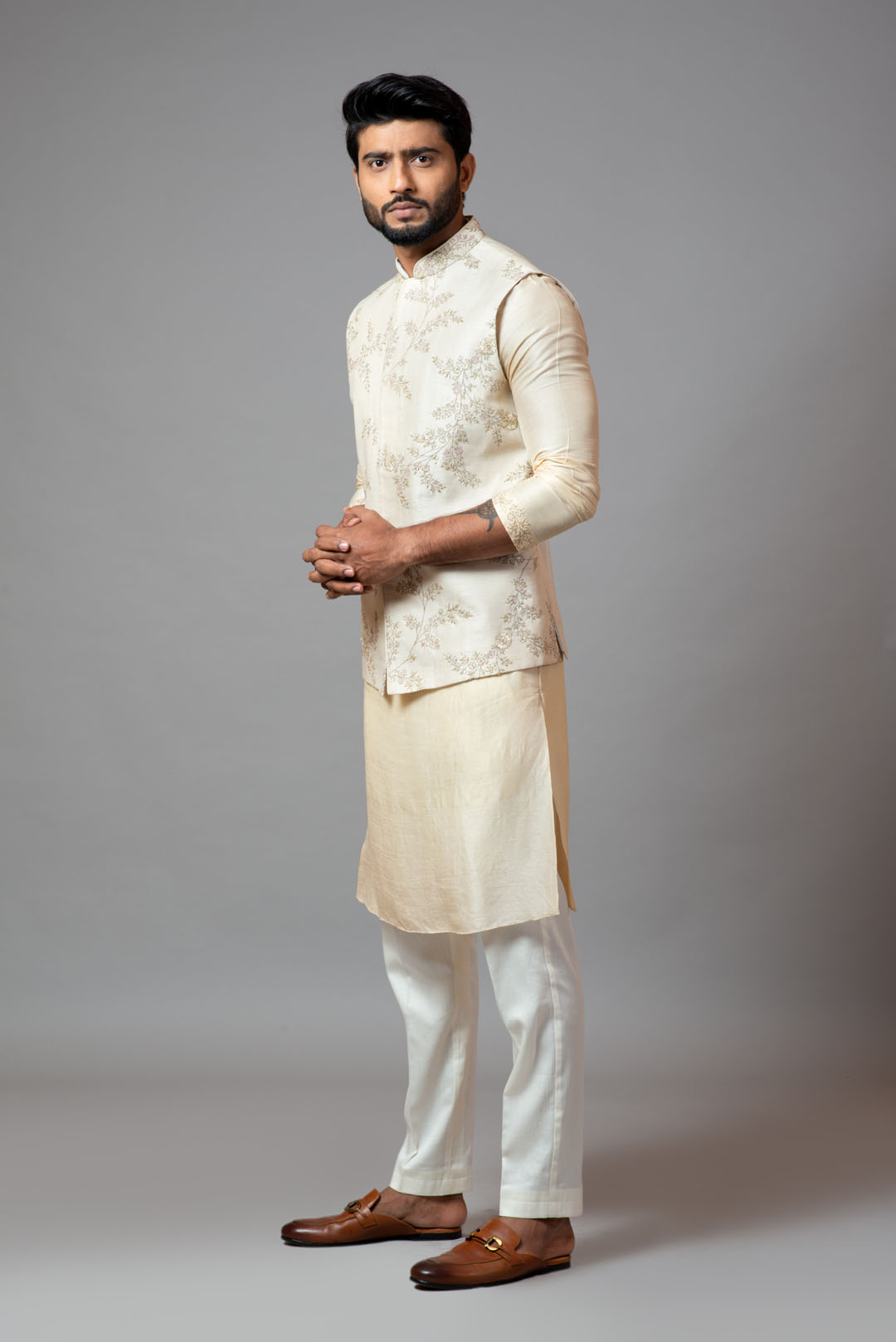 Off white Nehru jacket with delicate jaal embroidery