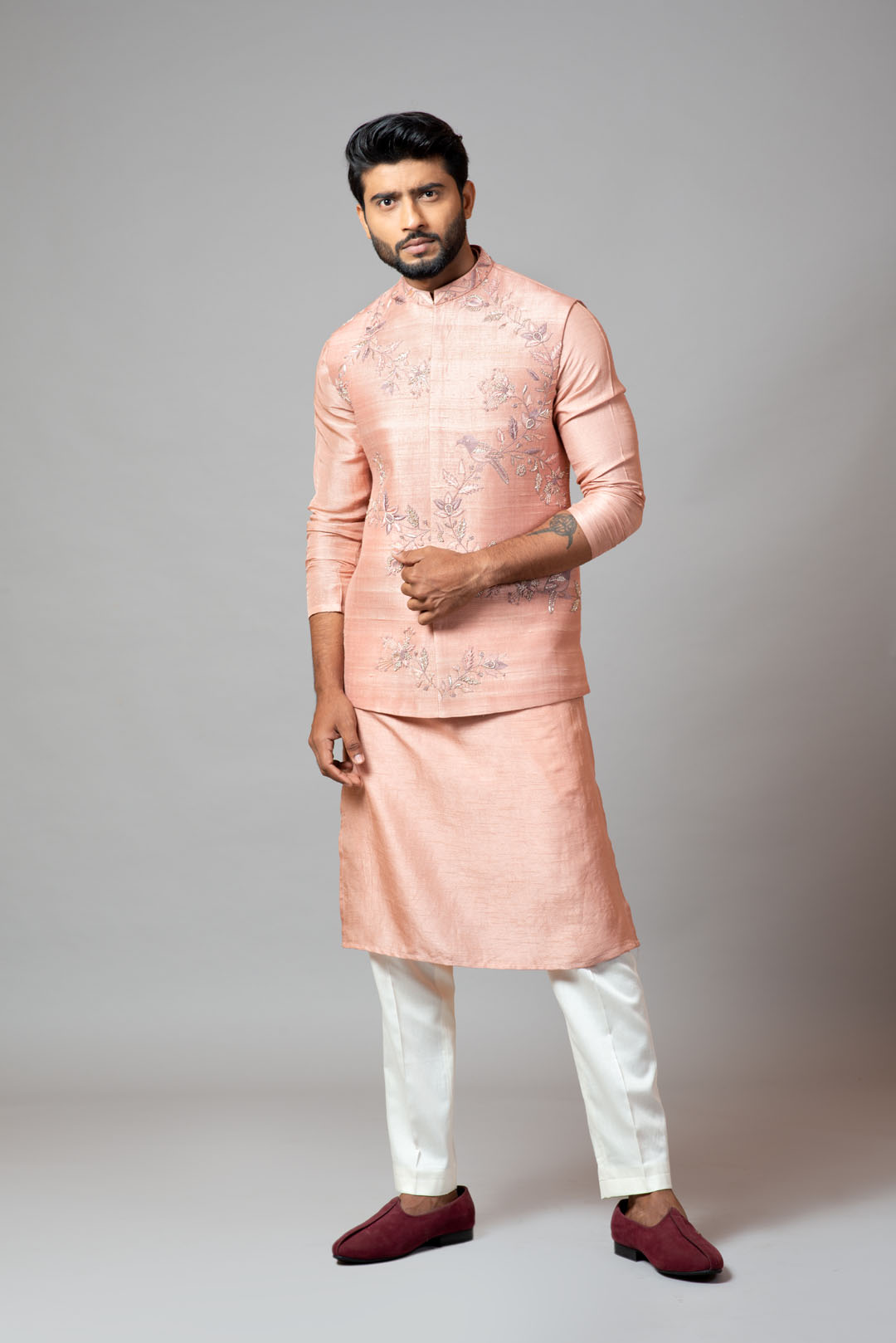 Onion pink Nehru jacket and kurta set with hand embroidery