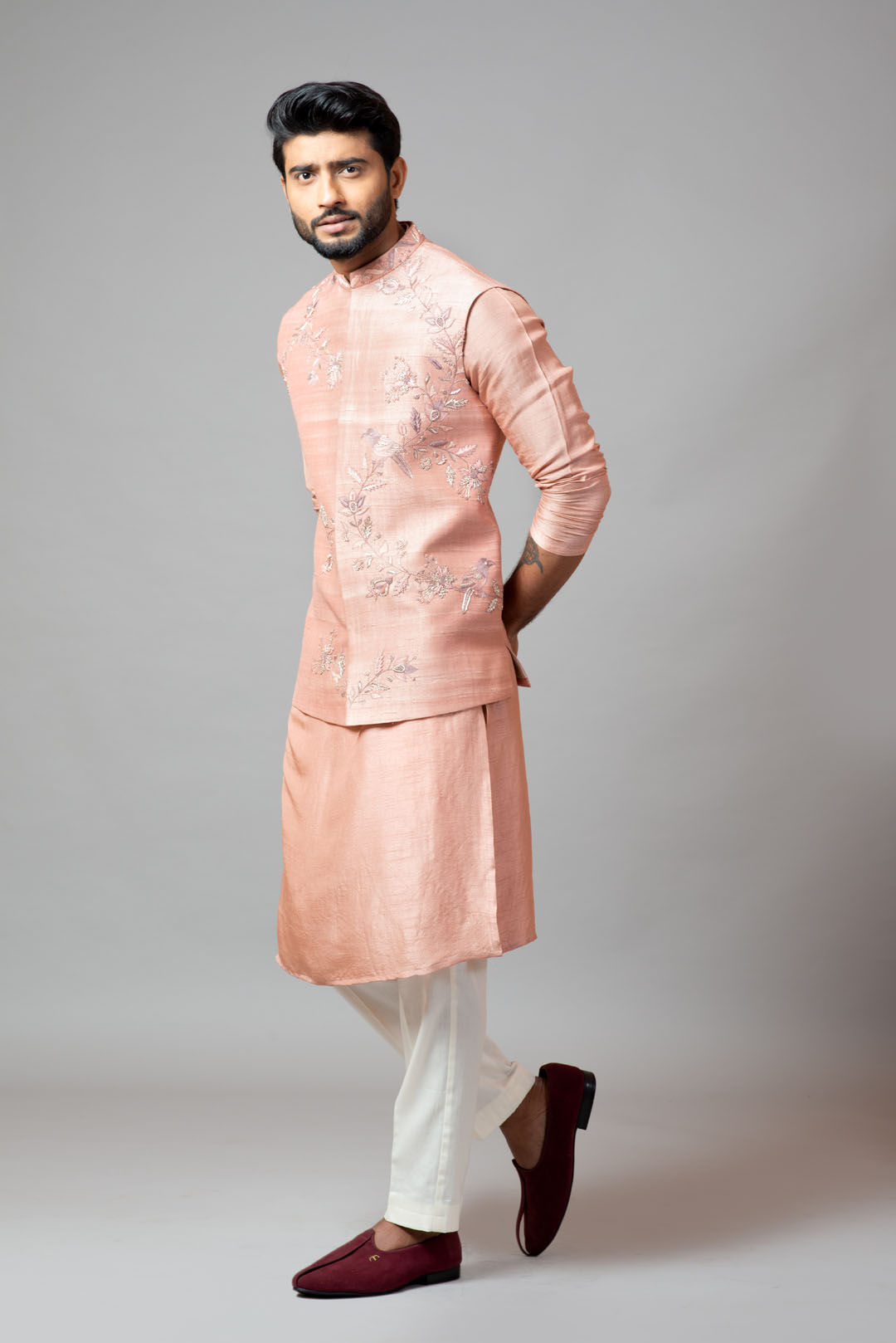 Onion pink Nehru jacket and kurta set with hand embroidery