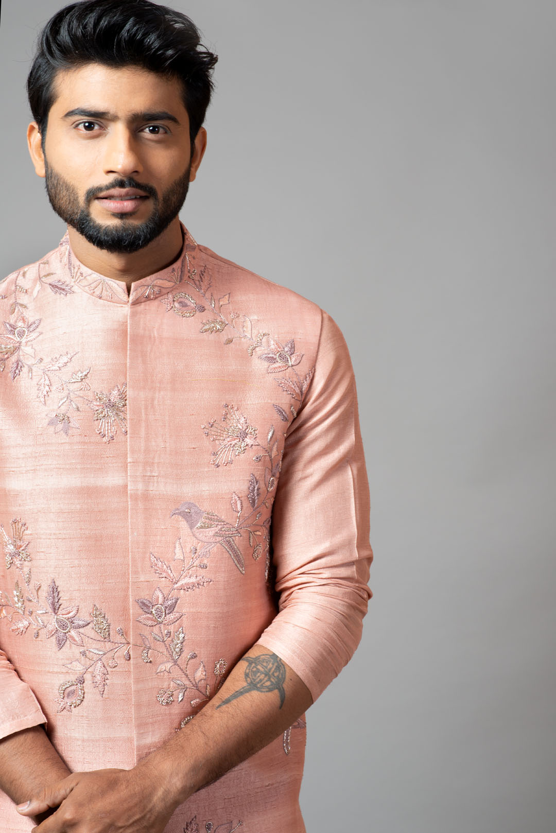 Onion pink Nehru jacket and kurta set with hand embroidery