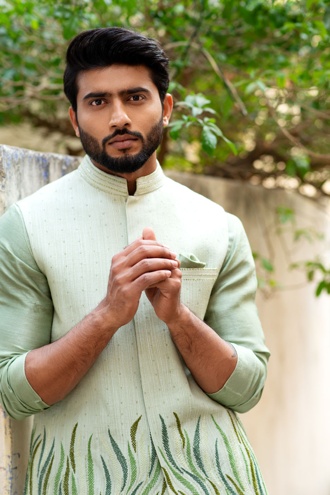 Olive green chanderi kurta with stitchlines nehru RTS