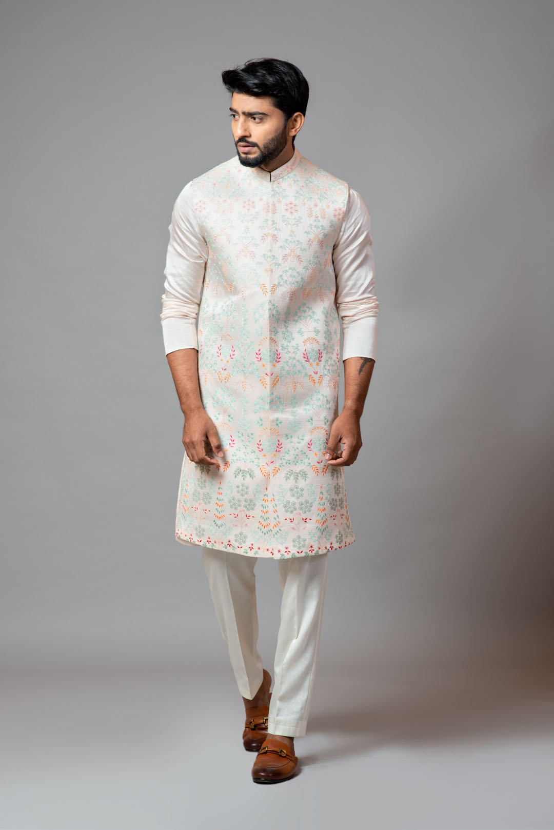 Multicolour embroidered long nehru with kurta and pant pyjama