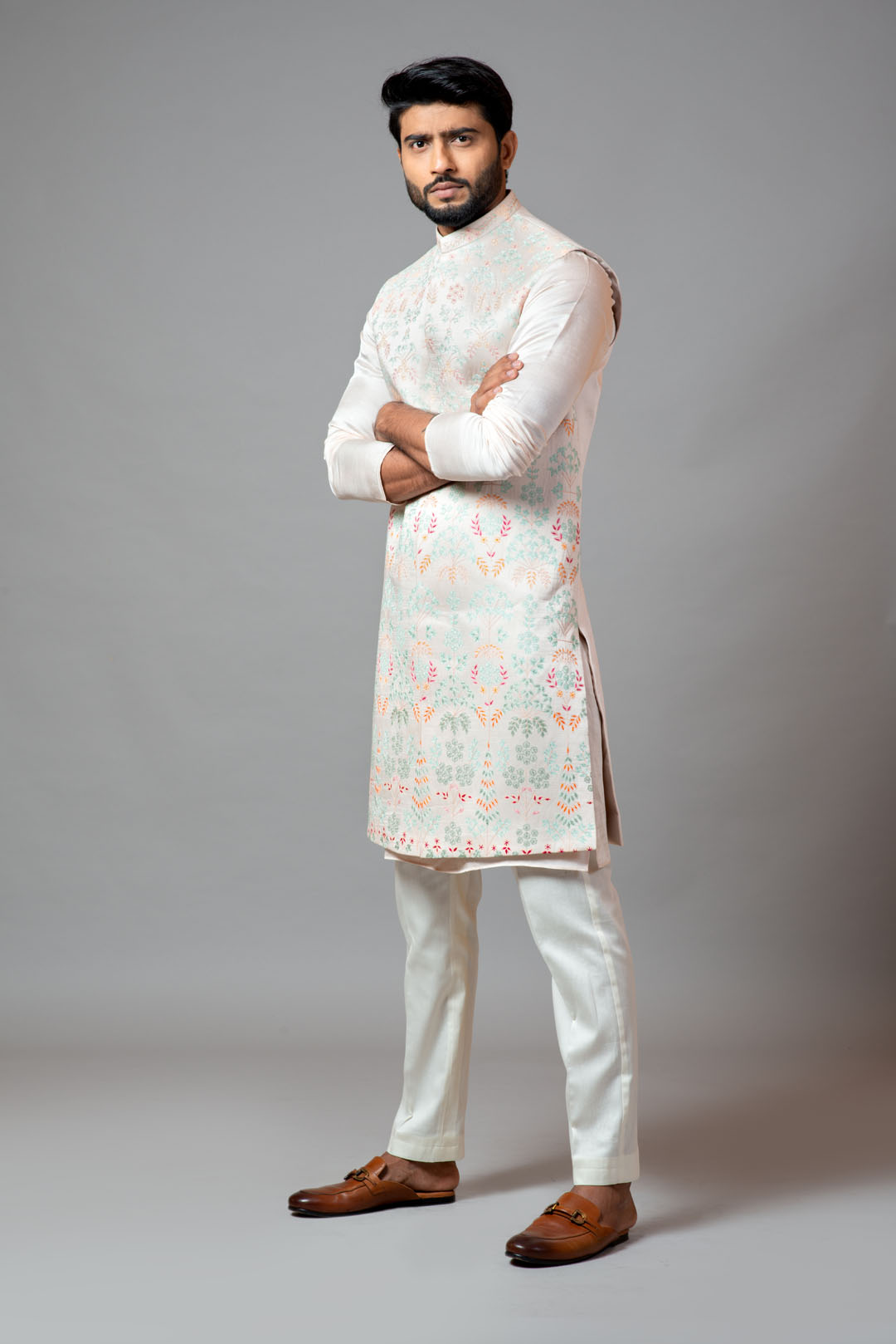 Multicolour embroidered long nehru with kurta and pant pyjama