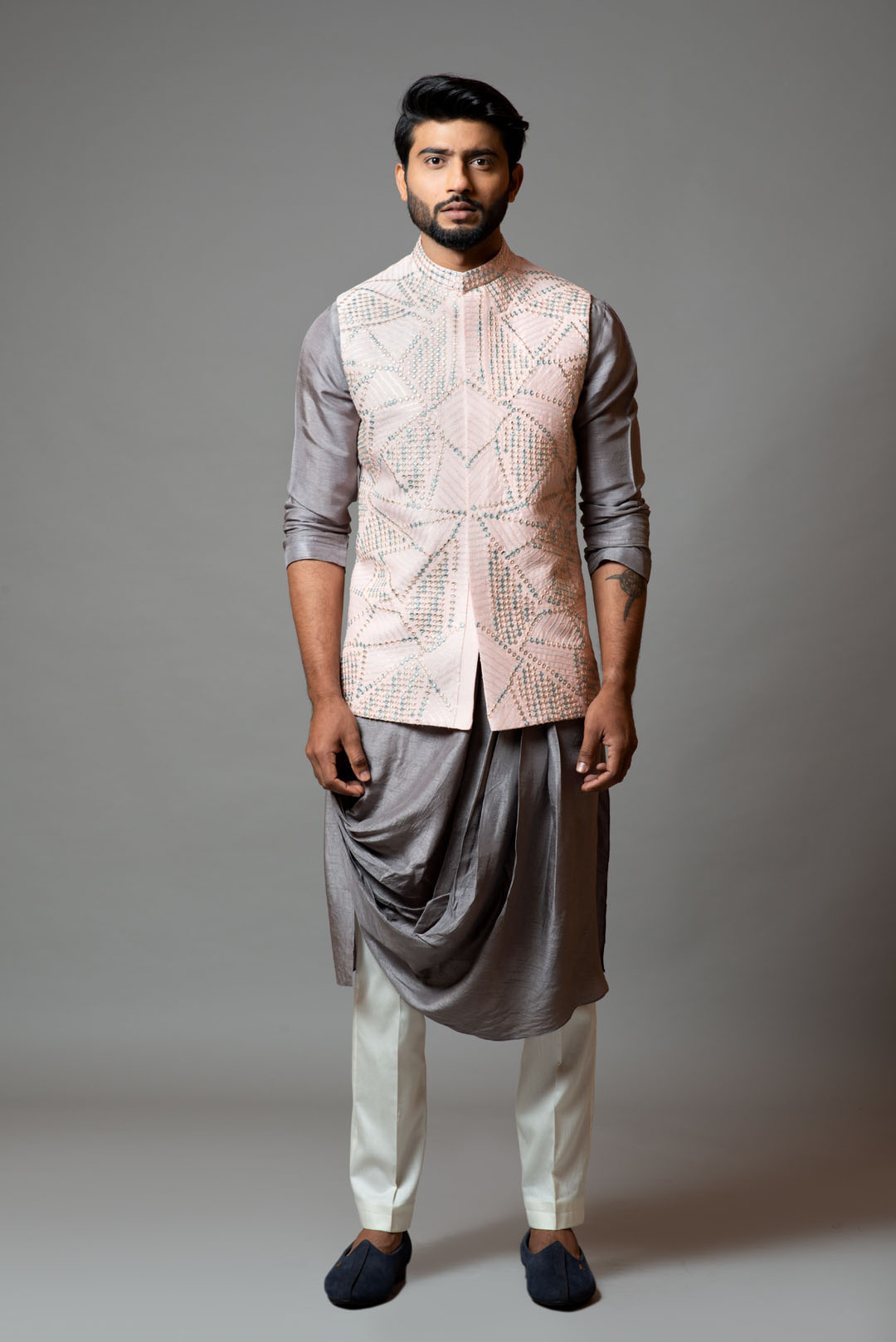 Powder Pink Nehru Jacket with Geometric Mirrorwork Embroidery.