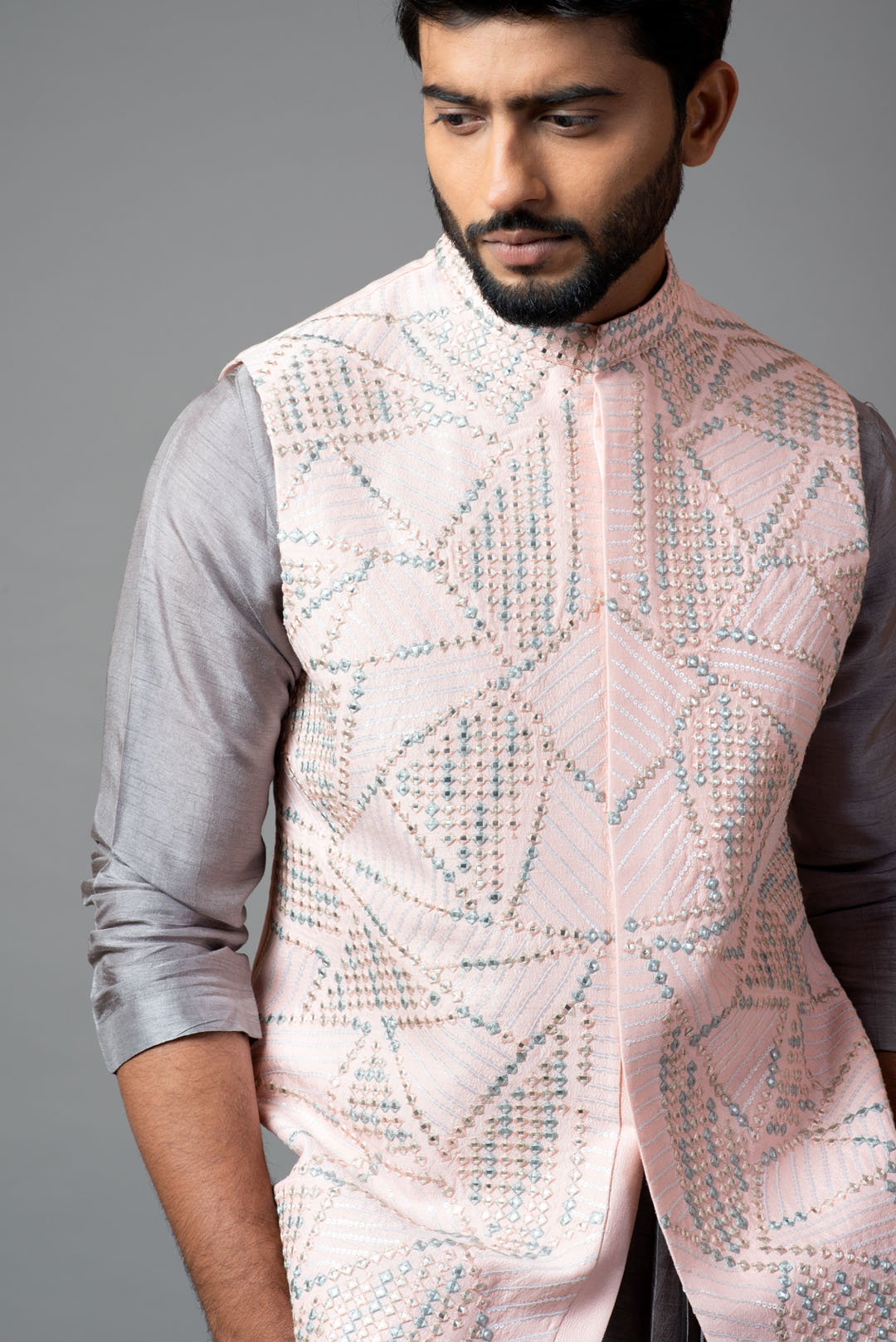 Powder Pink Nehru Jacket with Geometric Mirrorwork Embroidery.