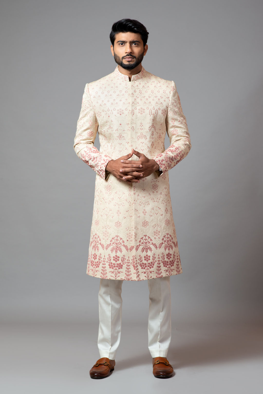 Floral embroidered aari work sherwani with pant pajama