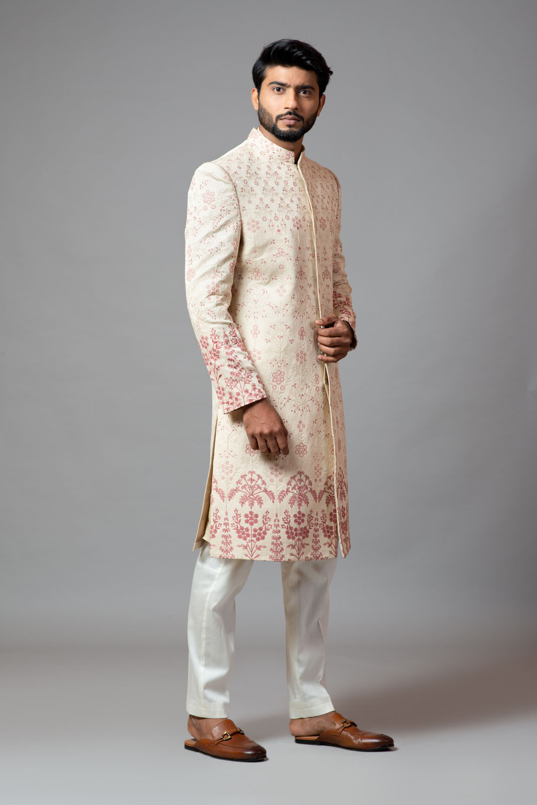 Floral embroidered aari work sherwani with pant pajama